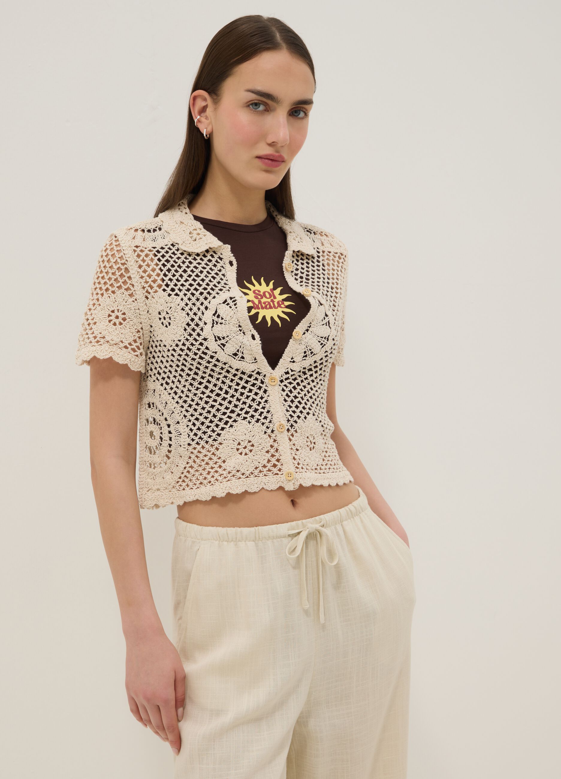 Beige cotton-blend regular-fit shirt with knitted detailing