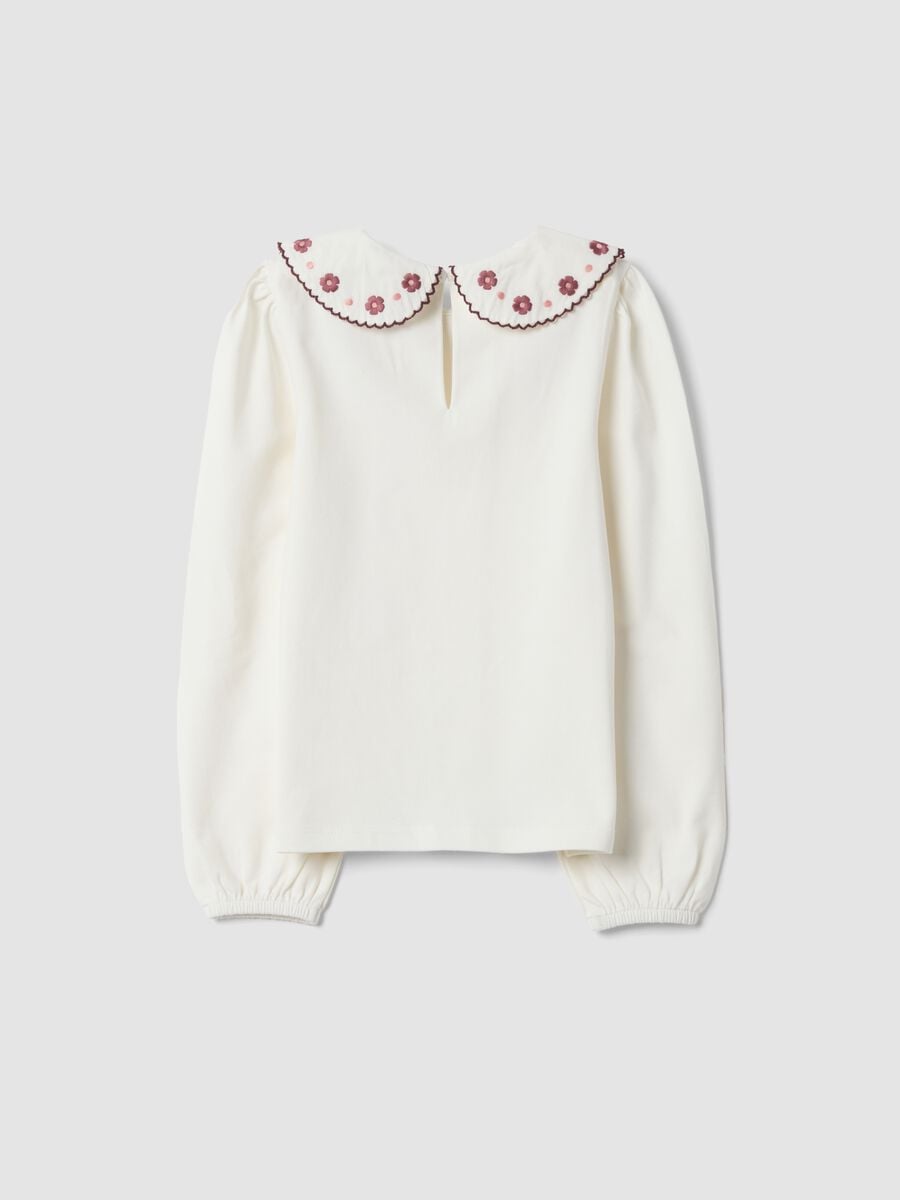 T-shirt bianca girocollo in cotone elasticizzato con colletto ricamato_1