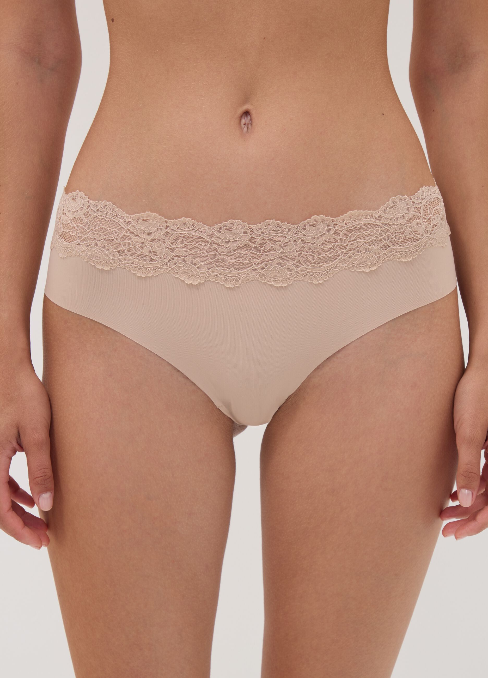 Beige stretch microfibre briefs with lace