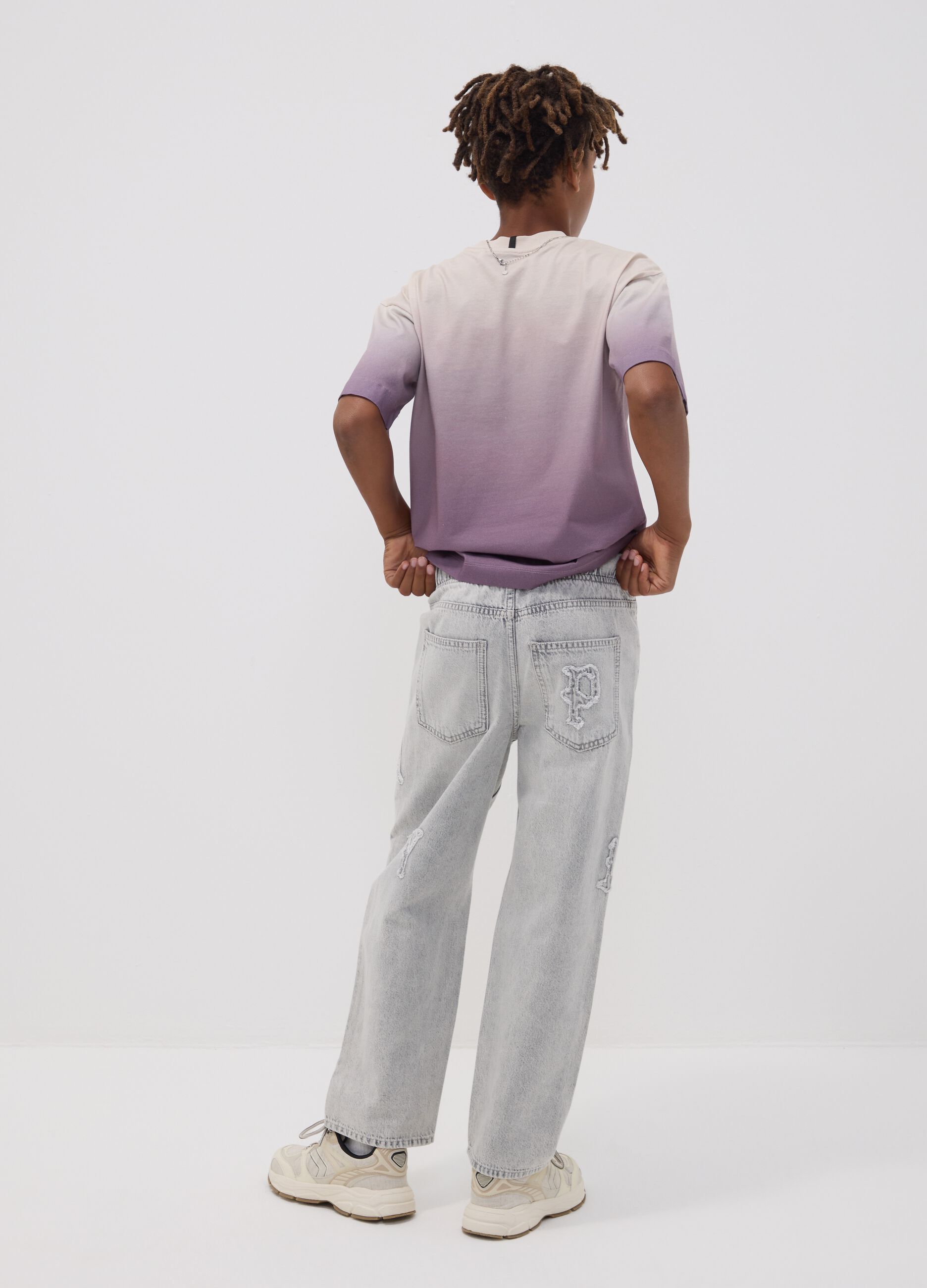 Grey pure cotton denim jeans with elasticated waist for boys, skater fit