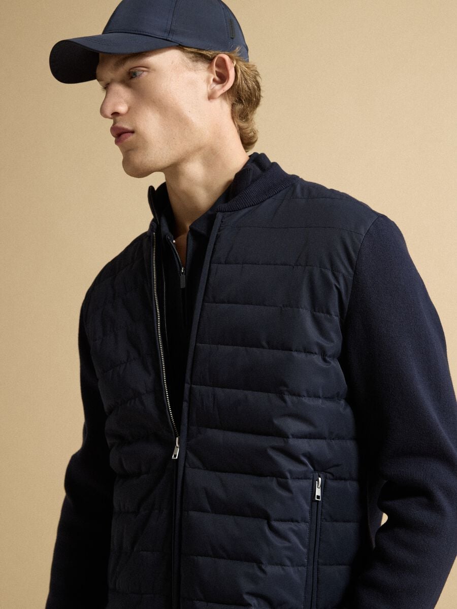 Blue pure cotton zip jacket with knitted sleeves, regular fit_1