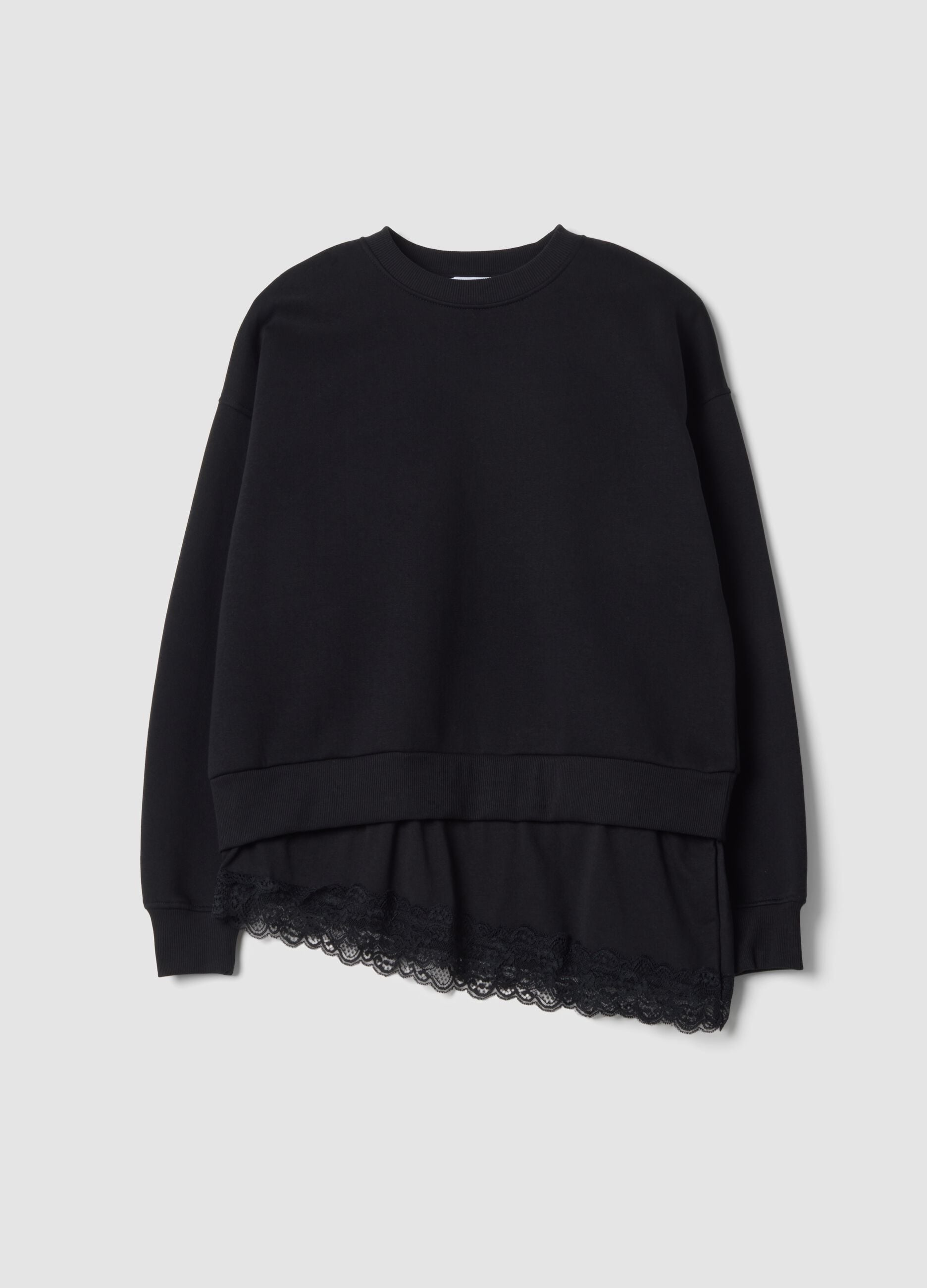 Black cotton-blend crew-neck sweatshirt with lace detail