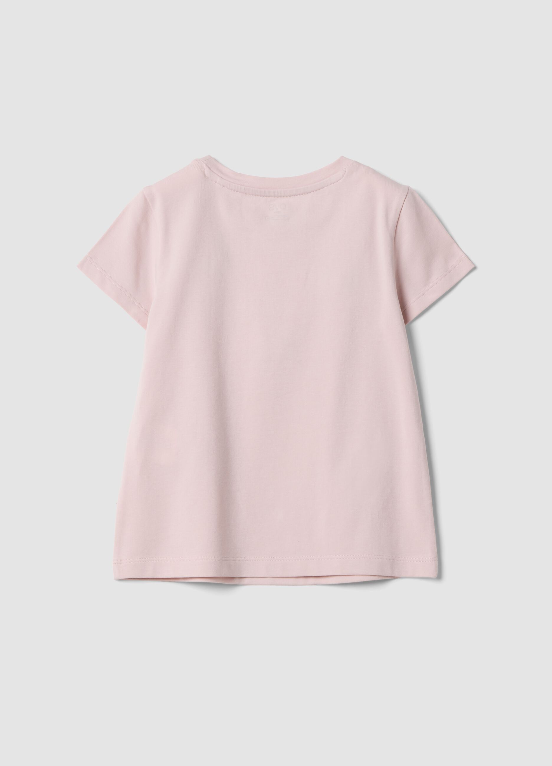 Pink short-sleeved stretch cotton T-shirt with floral appliqu&eacute;s