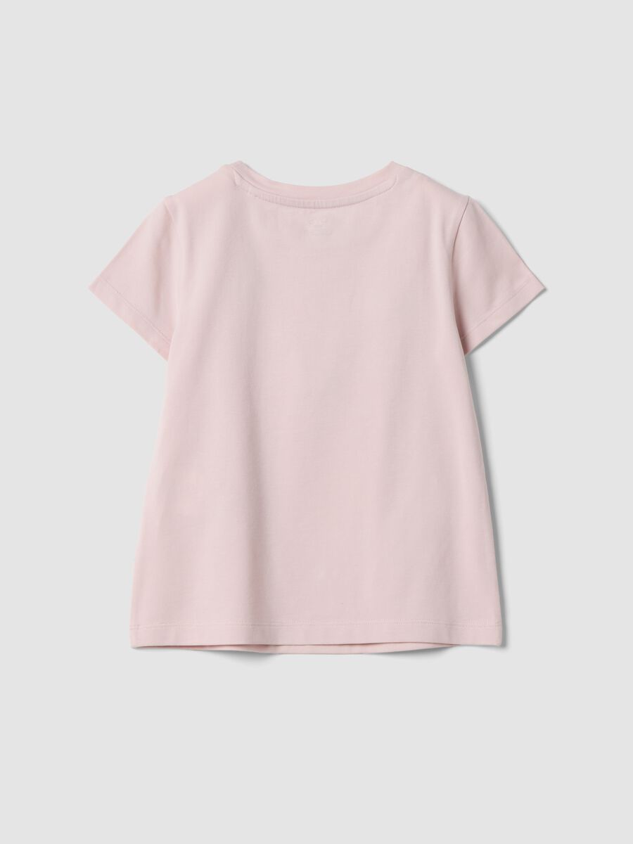 Pink short-sleeved stretch cotton T-shirt with floral appliqu&eacute;s_1