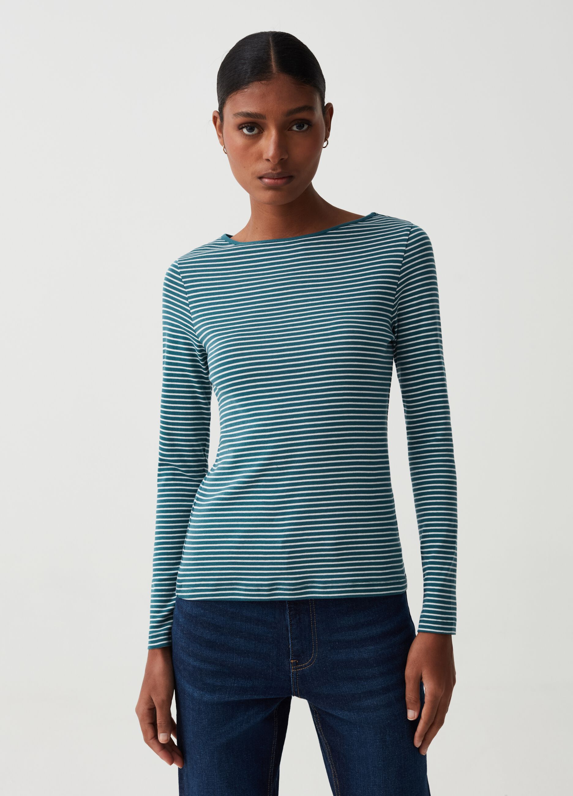 Slim striped T-shirt with boat neck