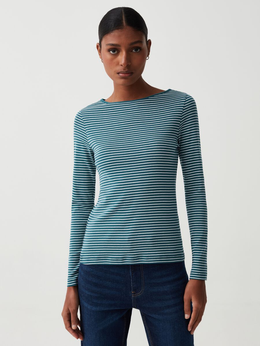 Slim striped T-shirt with boat neck_0