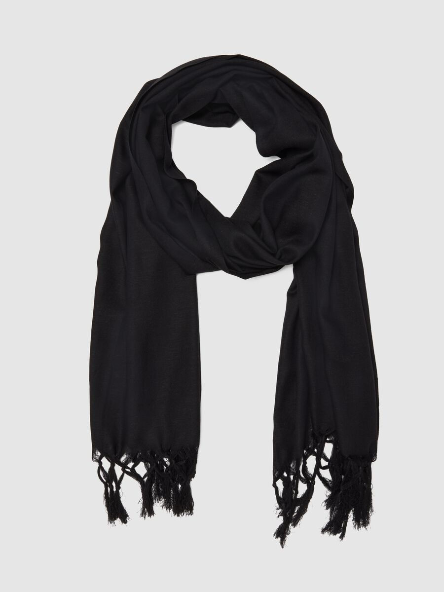 Sciarpa in misto viscosa e lino nera con frange_0