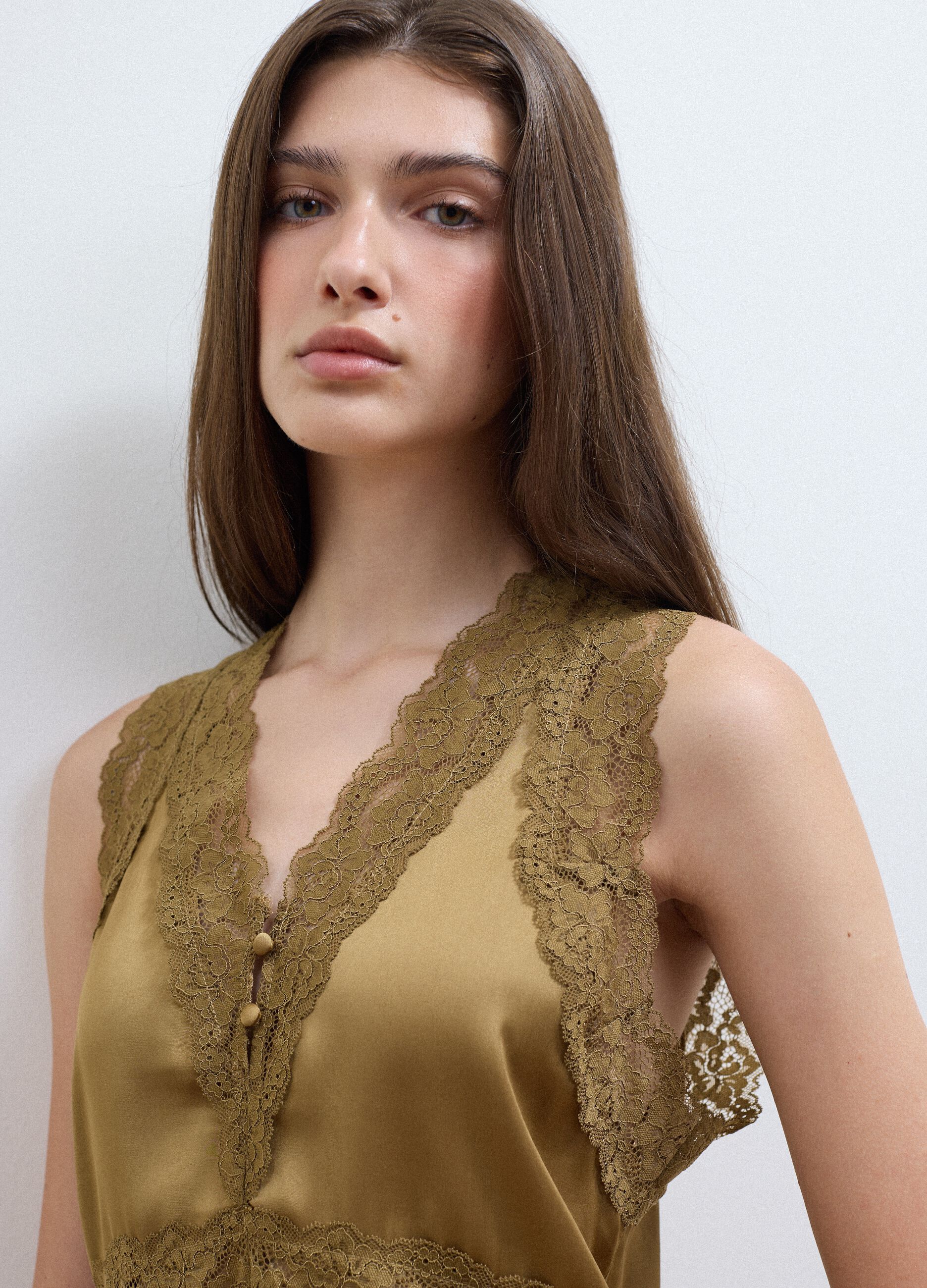 Brown viscose-blend lace top