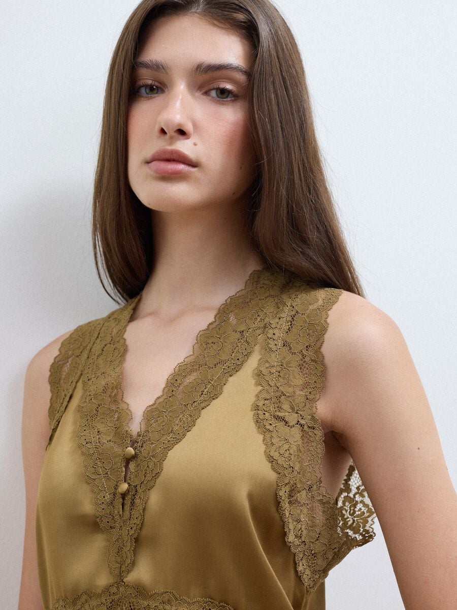 Brown viscose-blend lace top_1