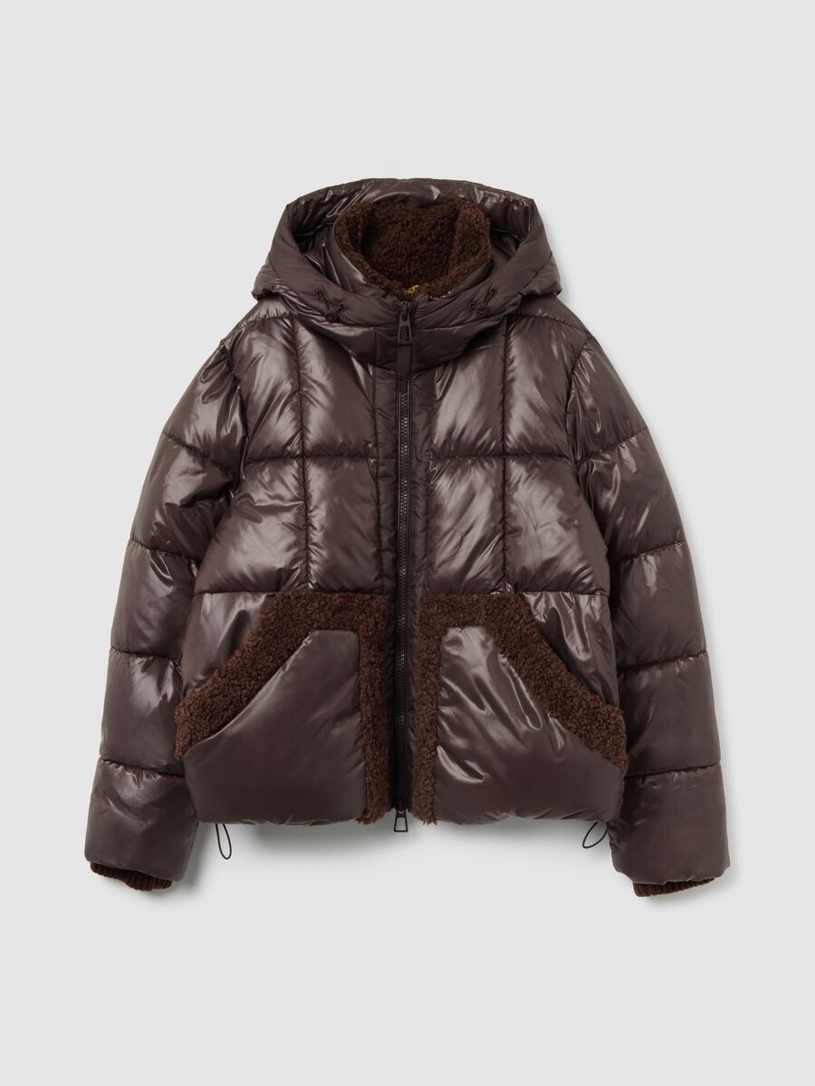 Brown The Iconic Puffer with Hood and Sherpa Details_4