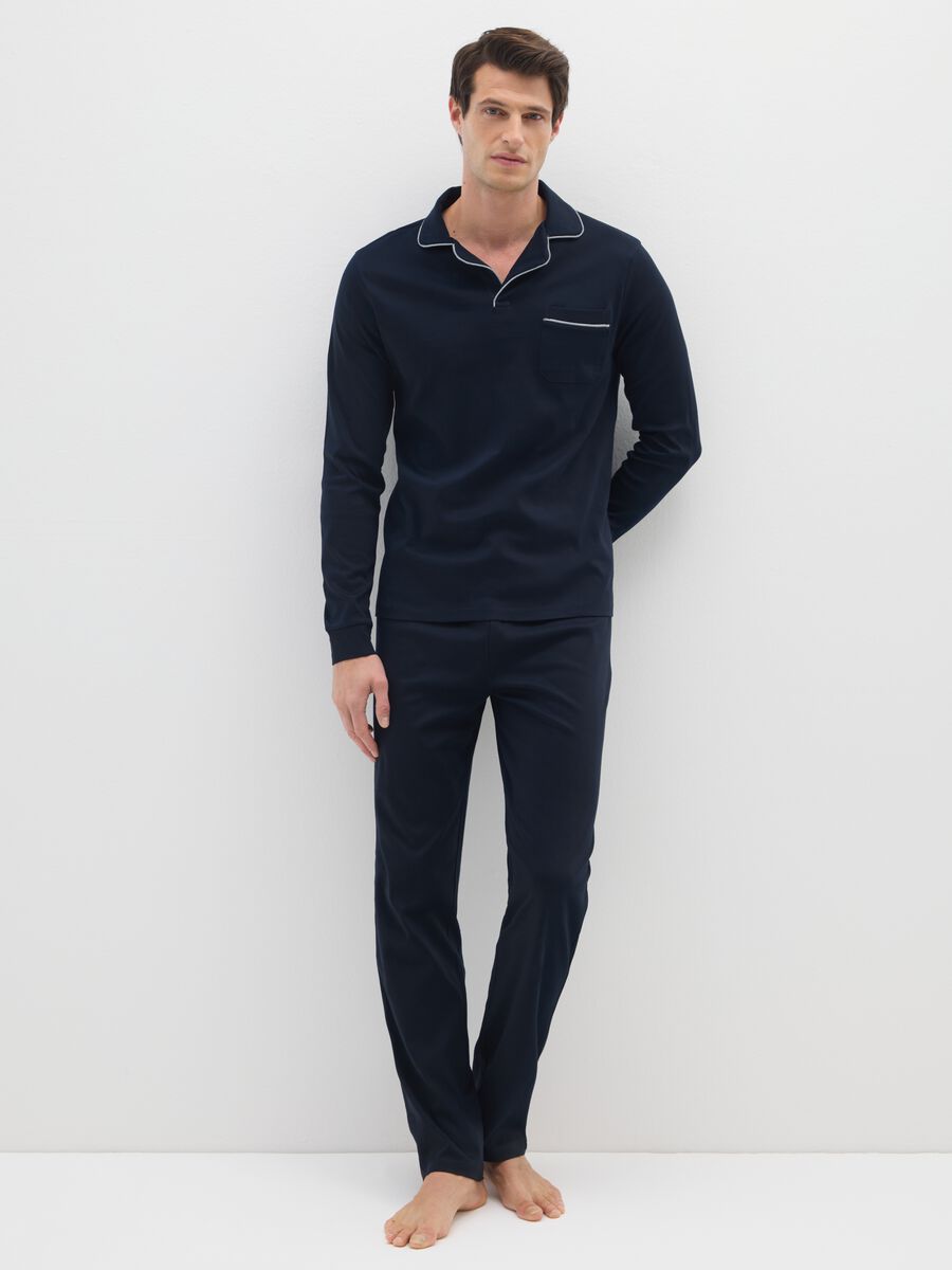 Blue cotton pyjamas regular fit with polo collar_1