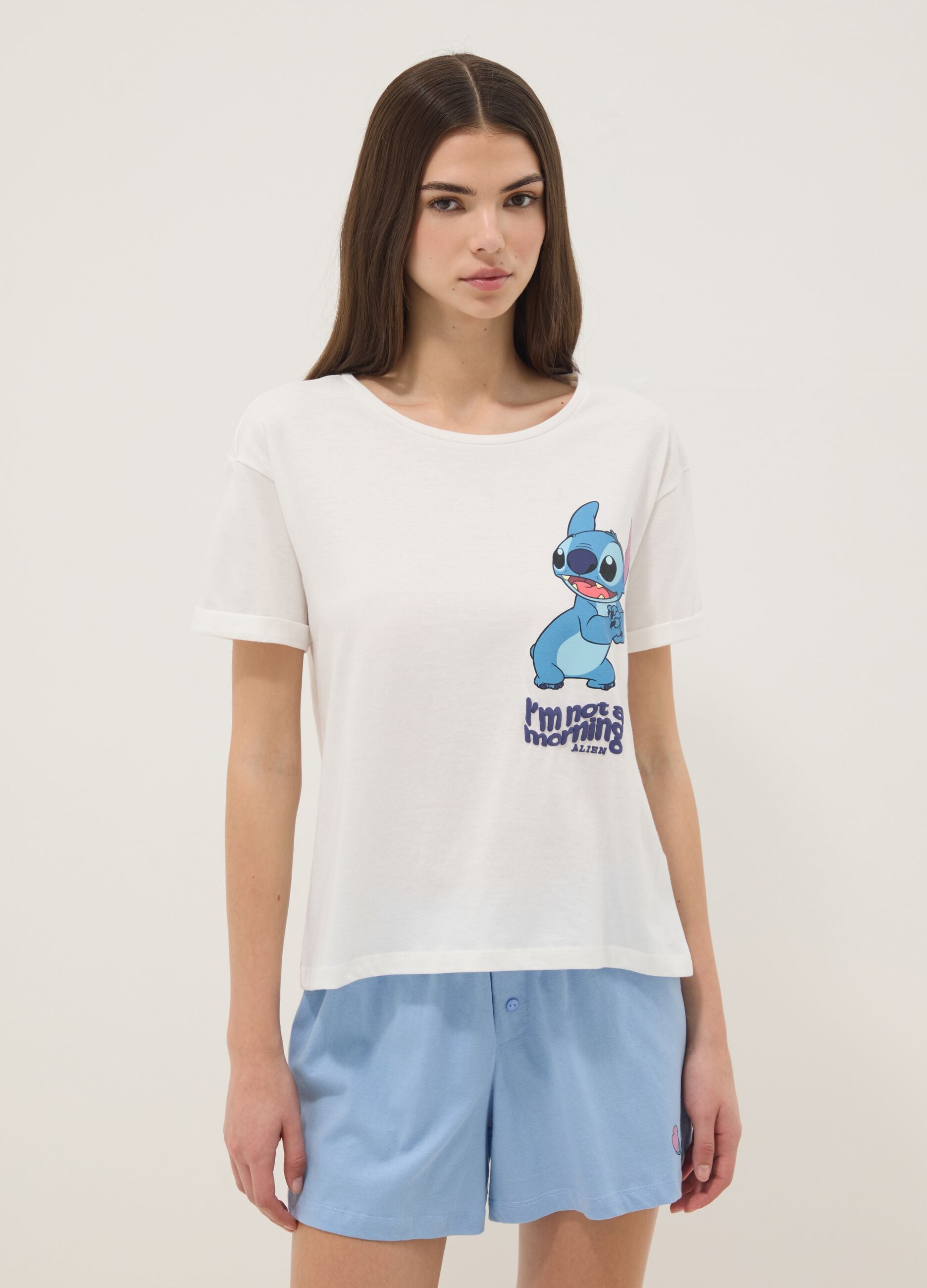 Pigiama corto bianco e azzurro in puro cotone con stampa Stitch