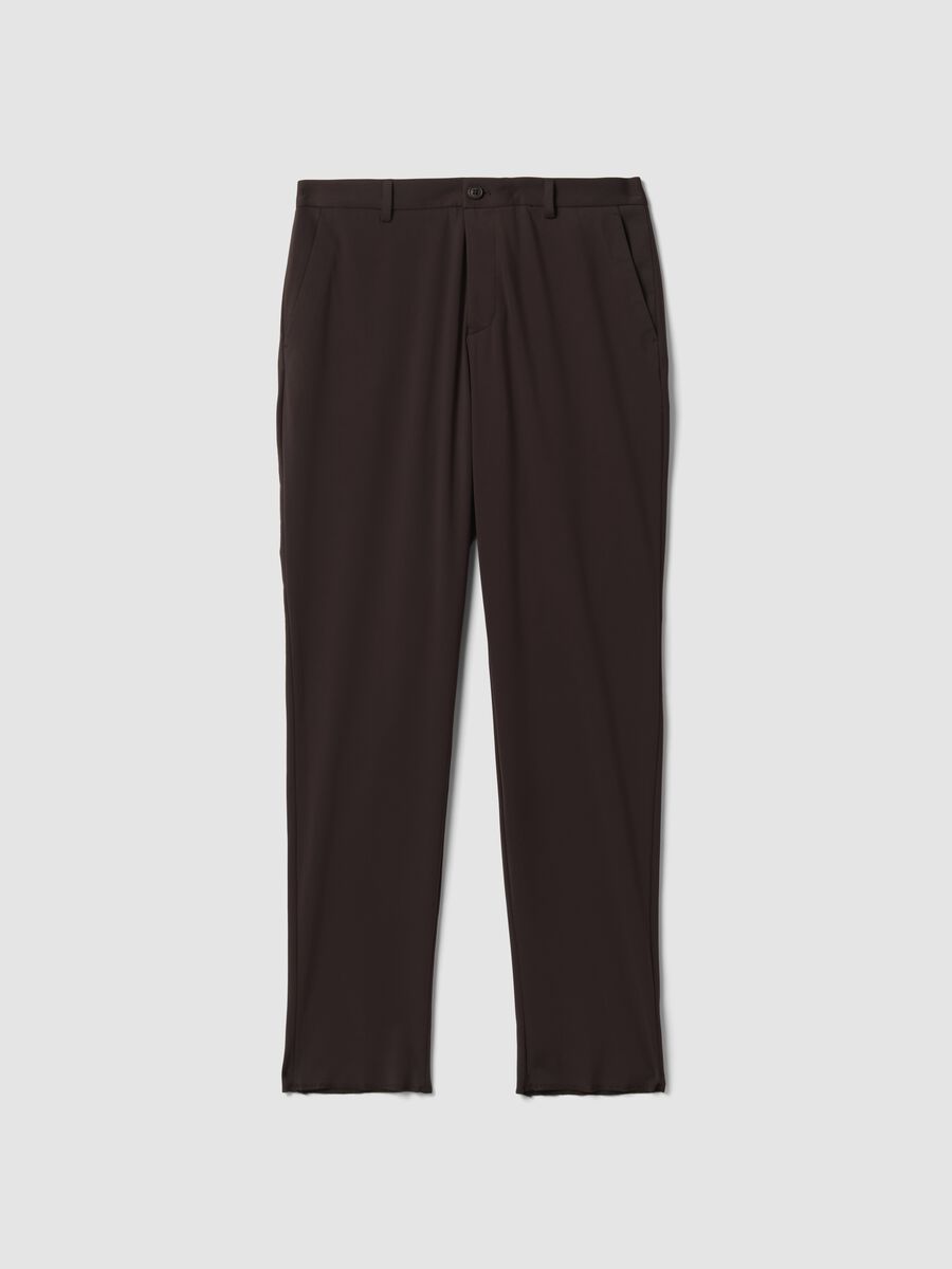 Brown slim-fit formal trousers in 4-way stretch fabric_0