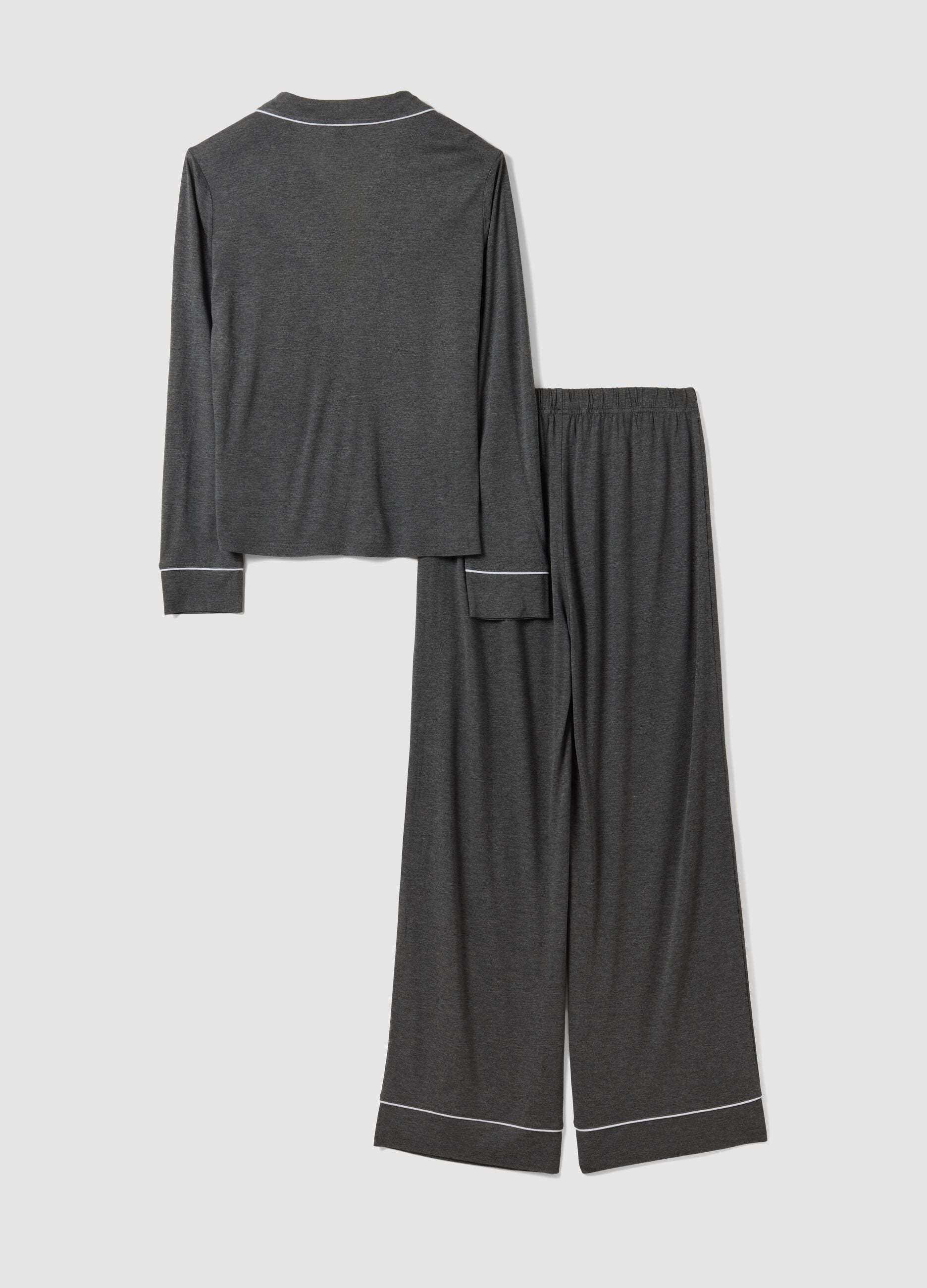 Grey pure viscose pyjamas with V-neck and contrast piping