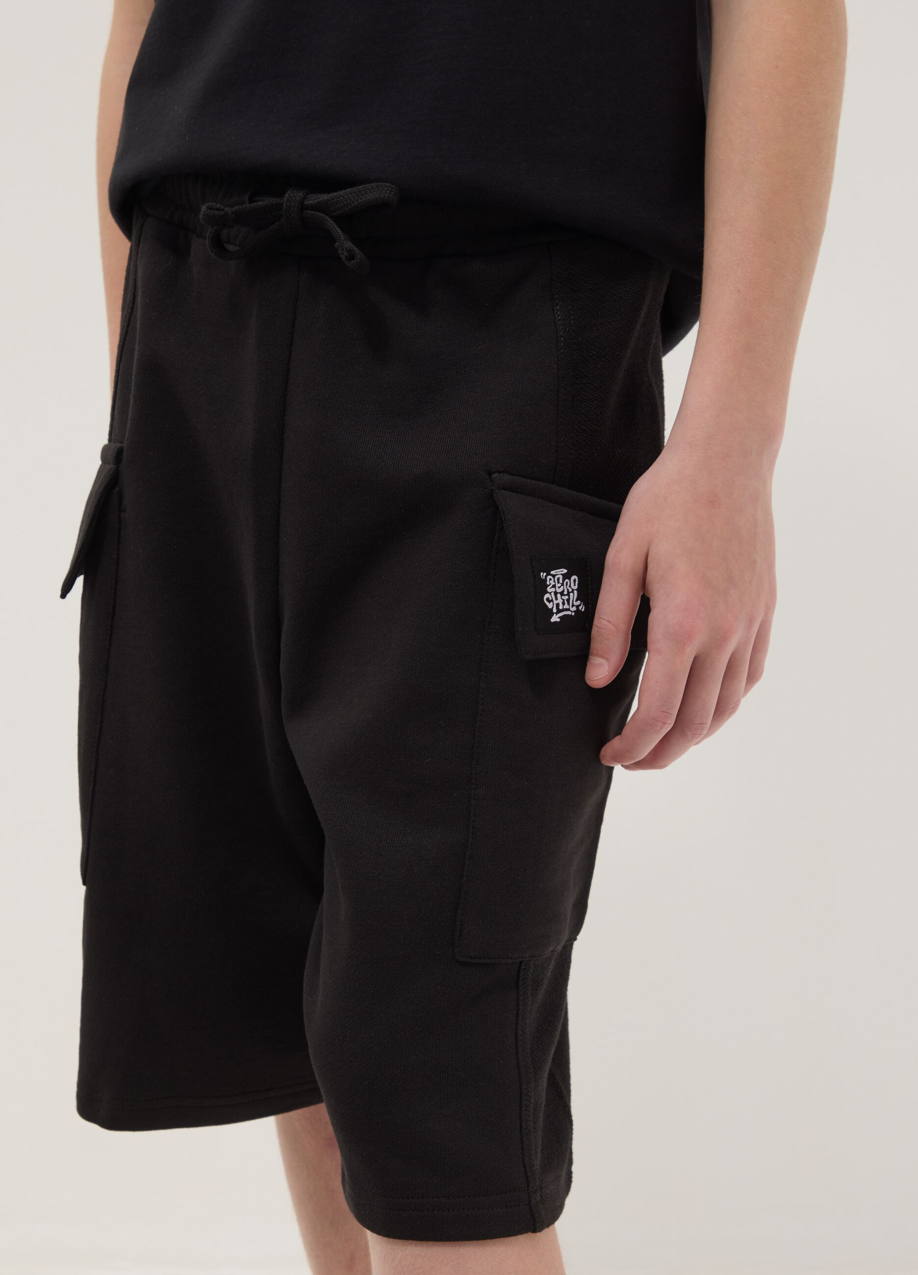 Black pure cotton cargo Bermuda shorts for boys, oversized fit