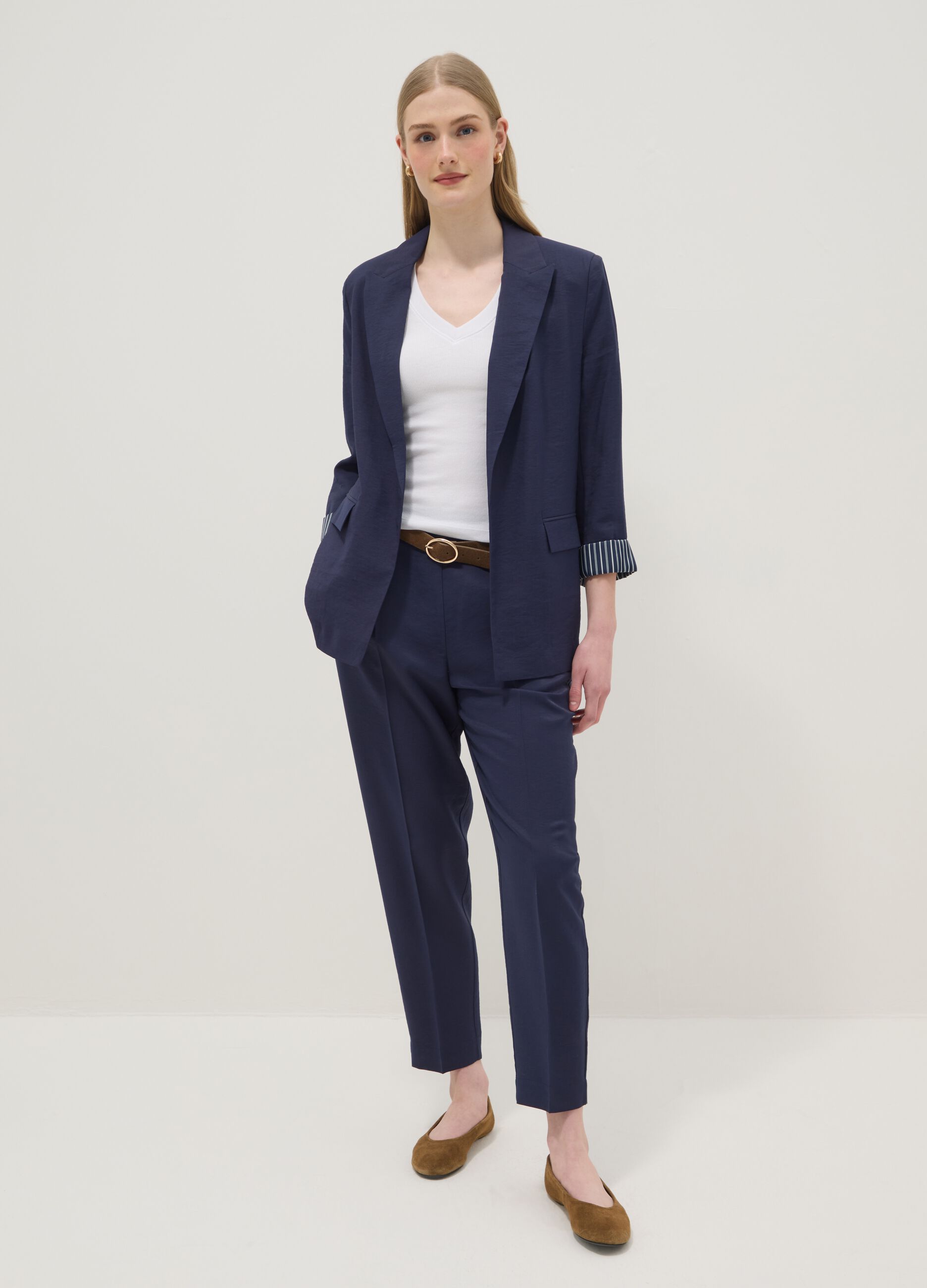 Blazer in misto viscosa blu regular fit con polsini a righe