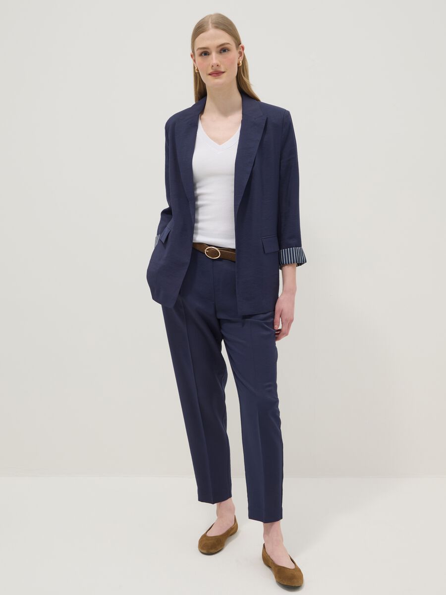 Blazer in misto viscosa blu regular fit con polsini a righe_2