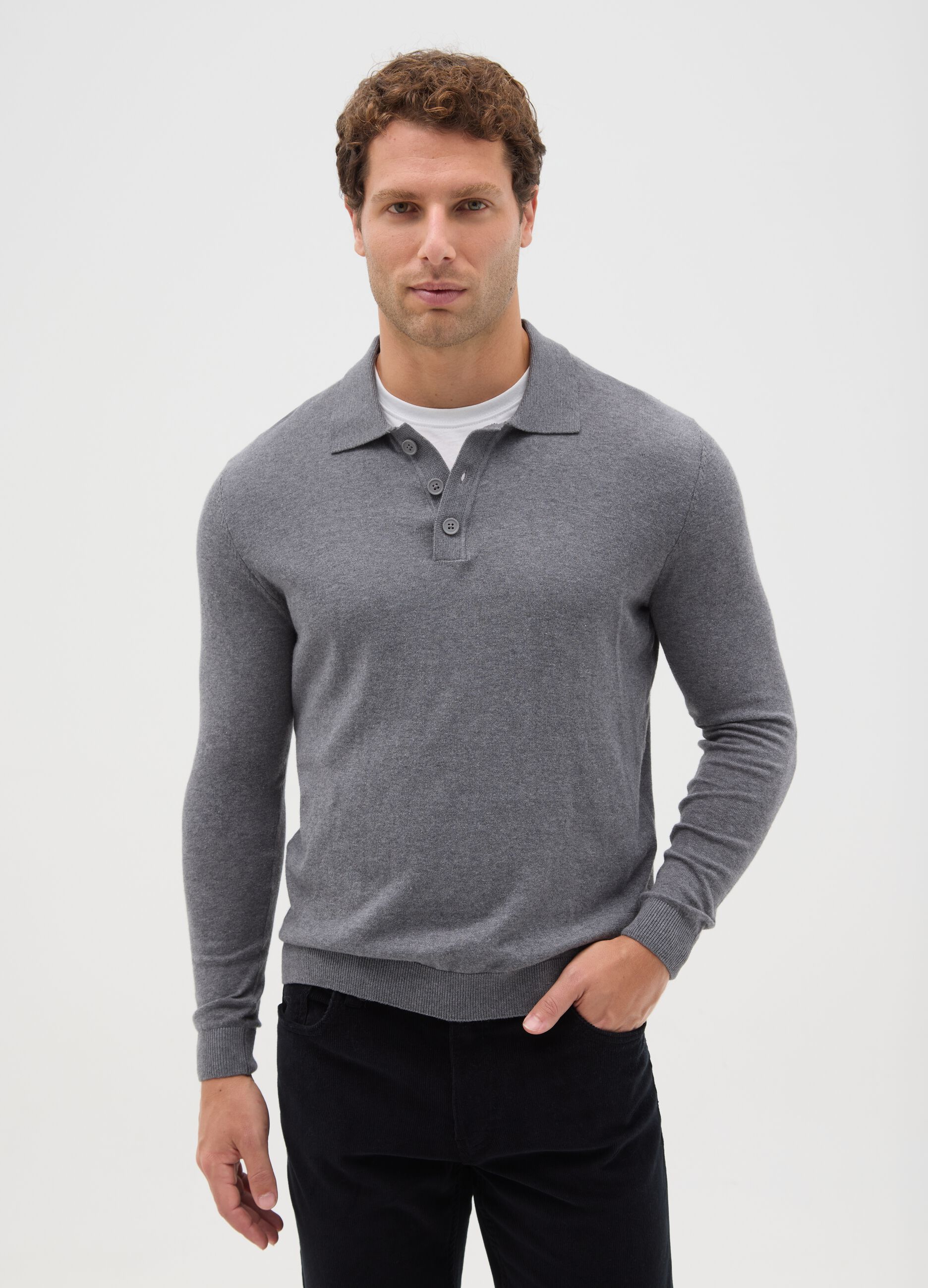 Grey long-sleeved polo in cotton and silk blend regular fit