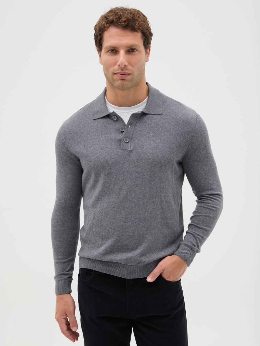 Grey long-sleeved polo in cotton and silk blend regular fit_0