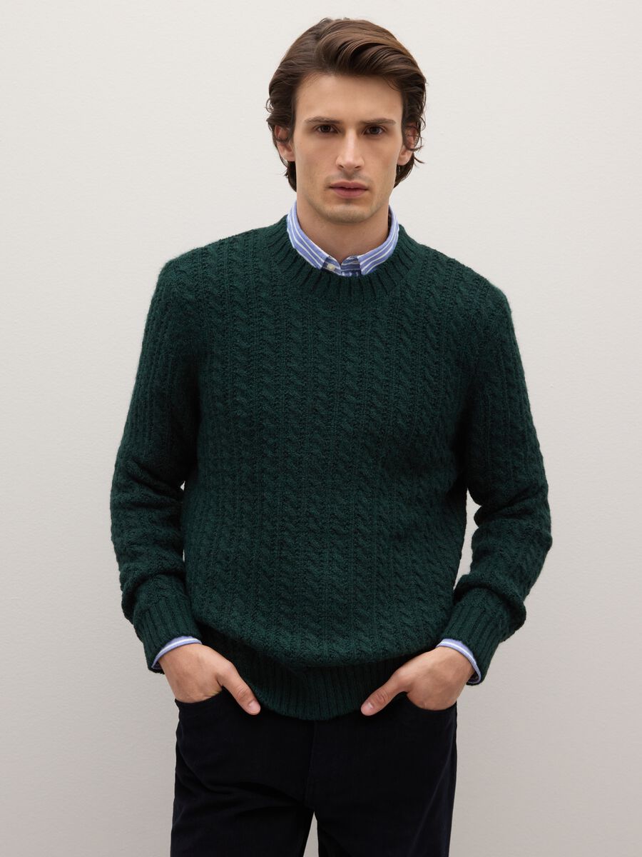 Green Crew Neck Sweater with Regular Fit Jacquard Pattern_1