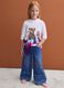 Blue wide-leg pure cotton jeans with floral print for girls_0