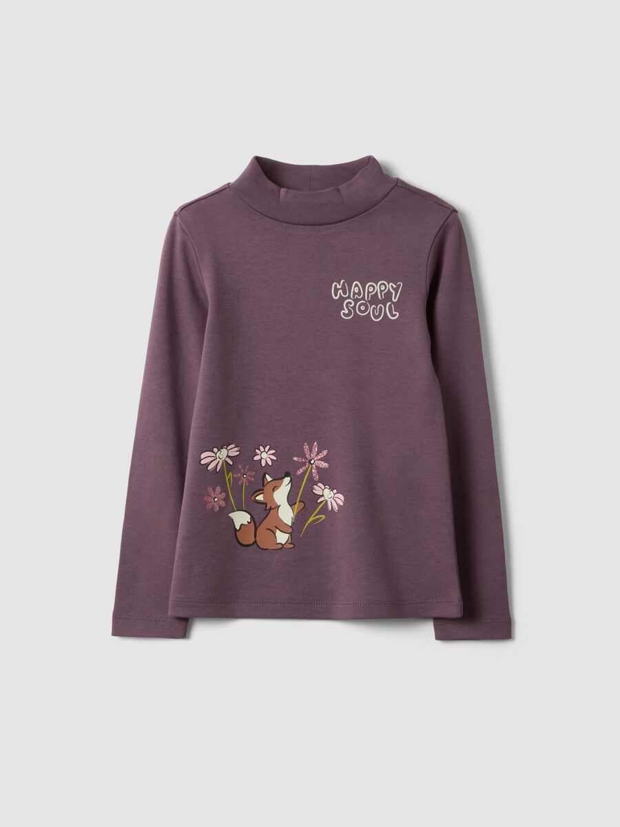 T-shirt viola in puro cotone organico con collo rialzato e stampa animaletti_0