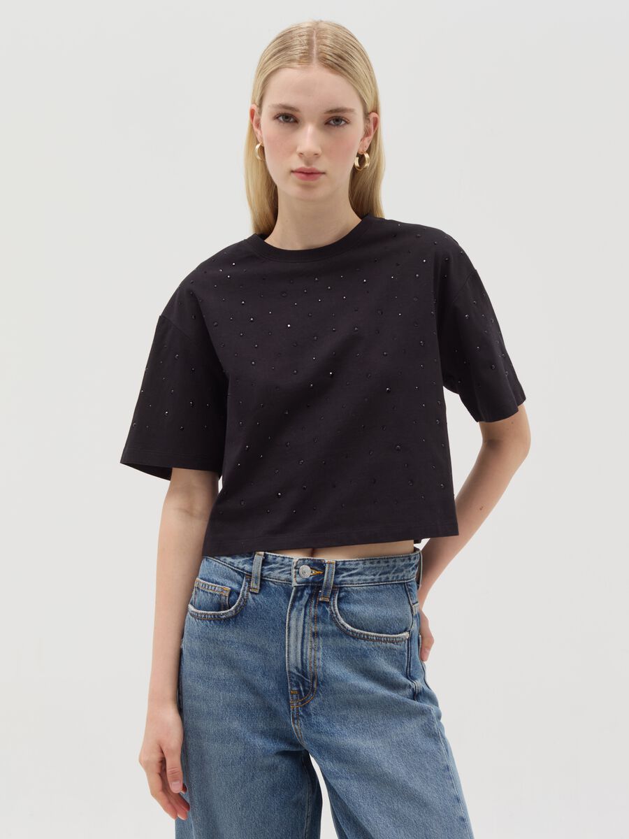 Cotton T-shirt with diamant&eacute; motifs_0