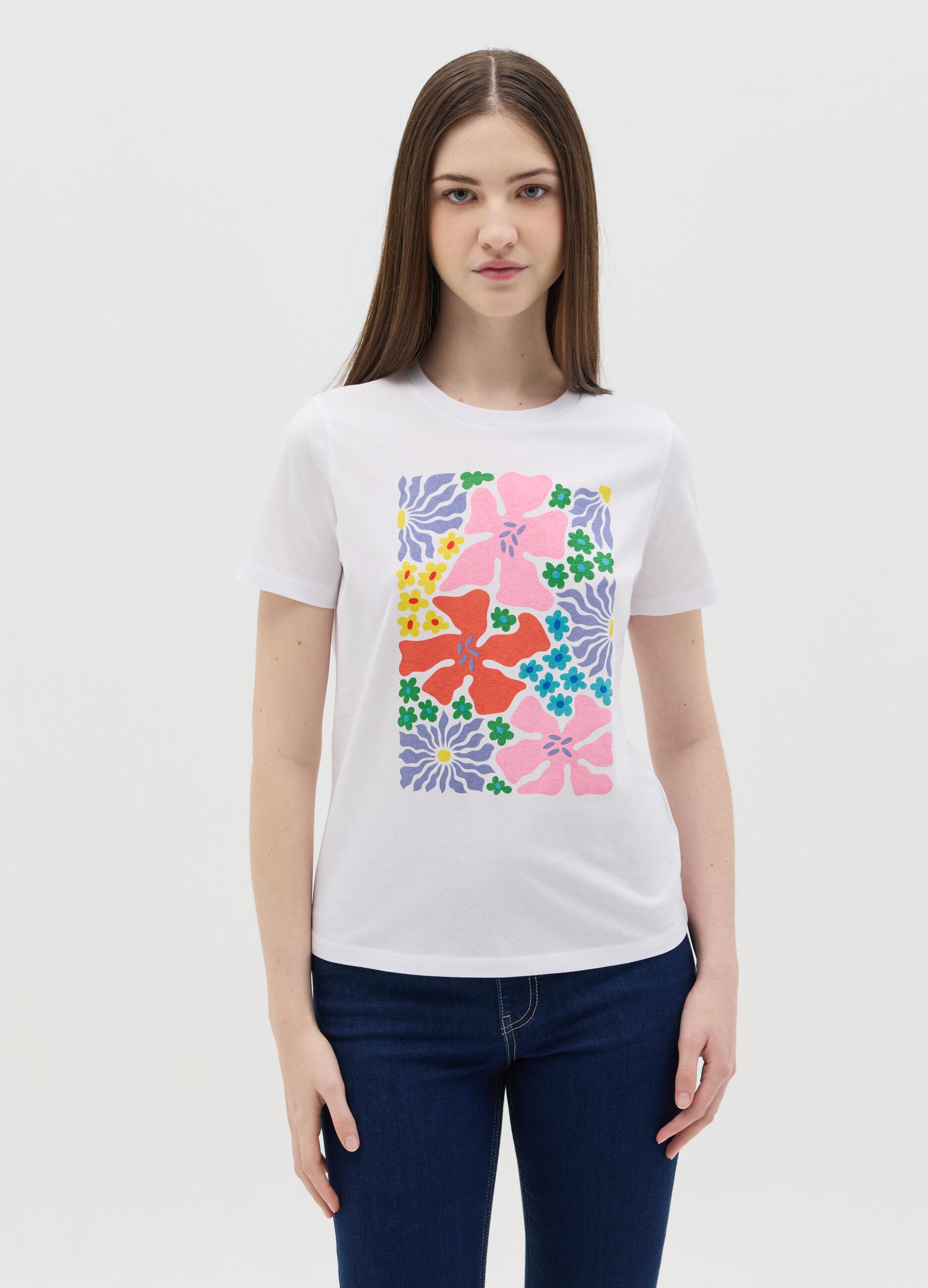 White T-shirt with colourful floral print