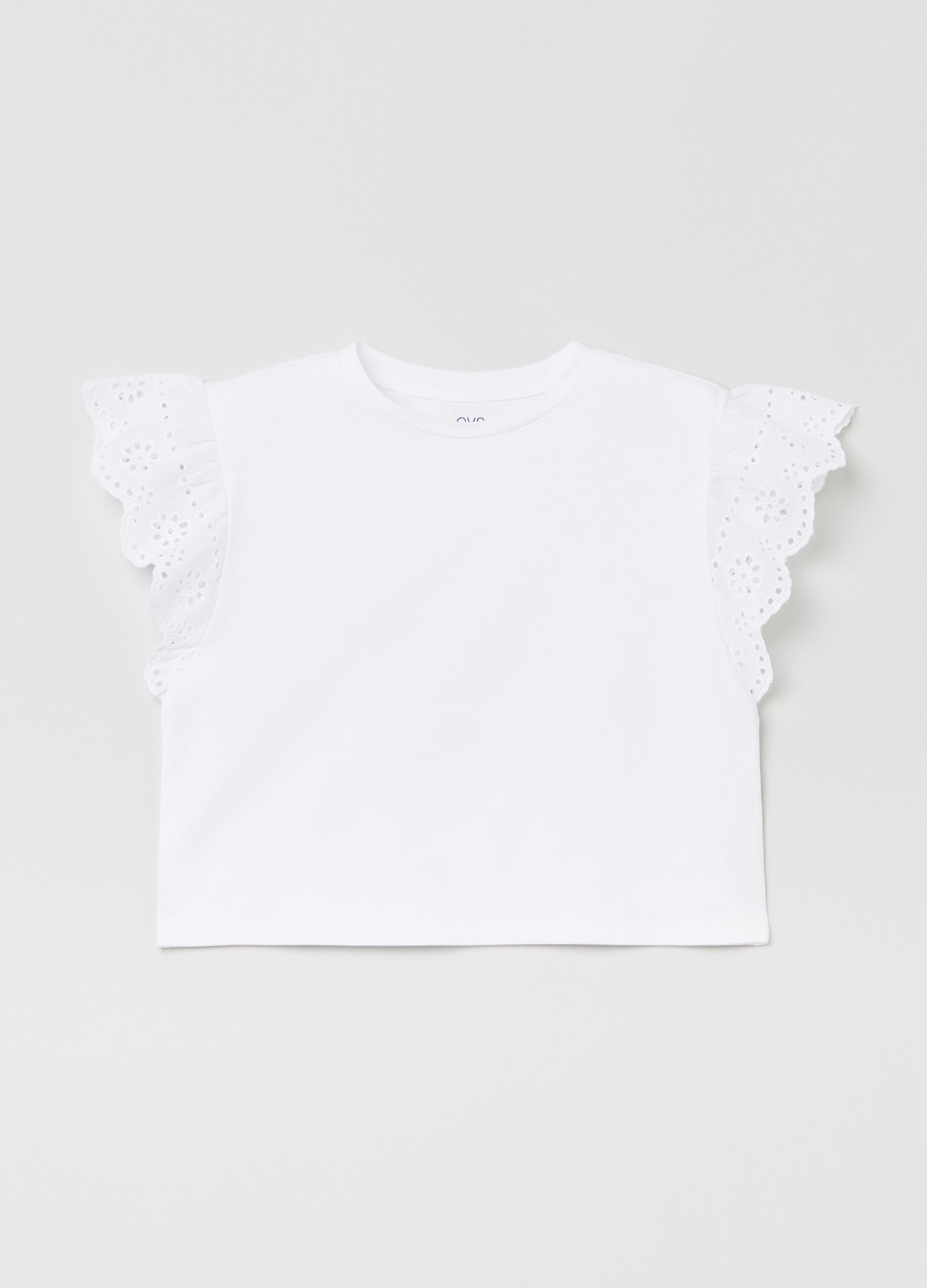 T-shirt with broderie anglaise sleeves