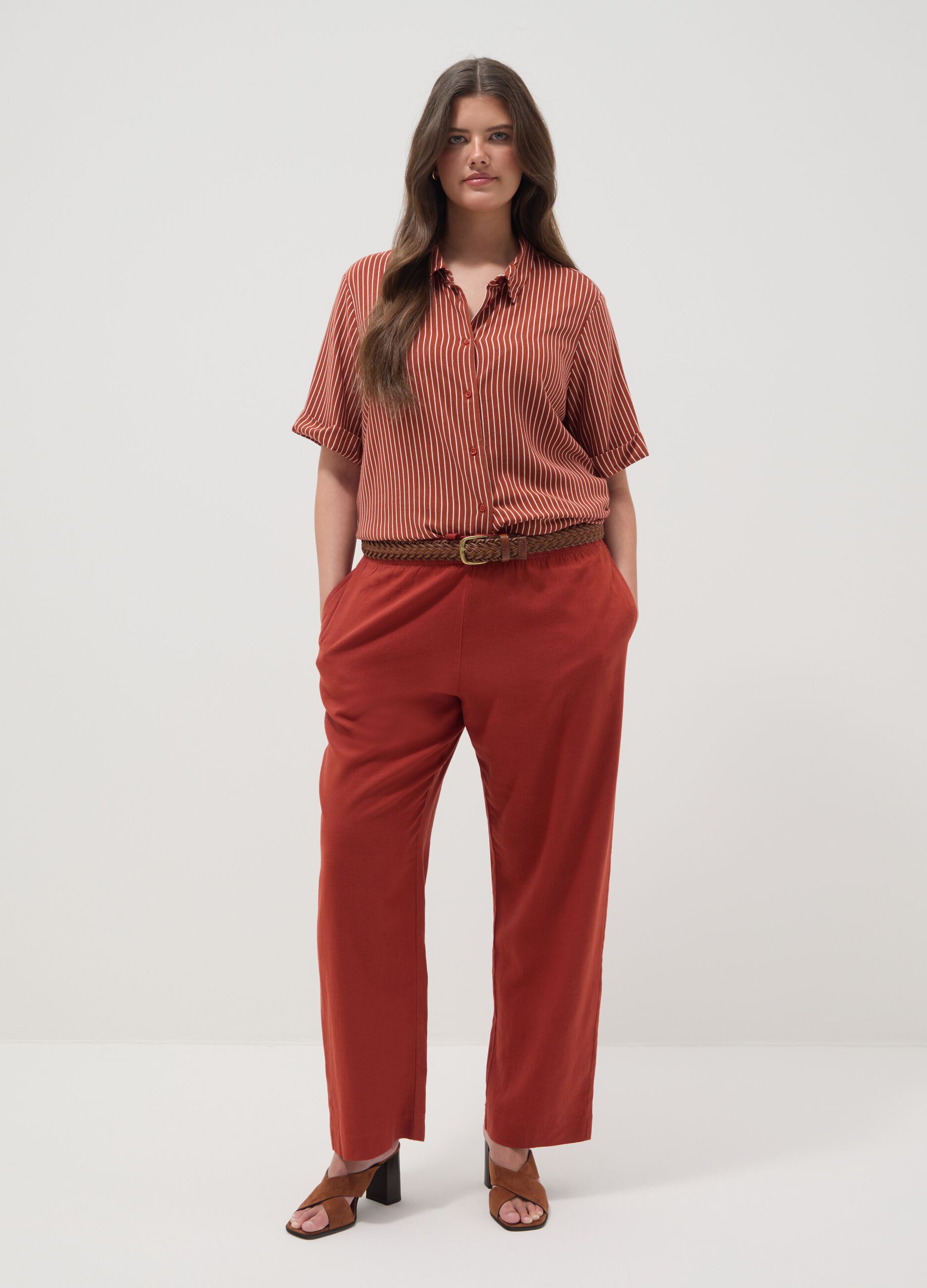 Camicia in misto viscosa e lino a righe multicolor regular fit