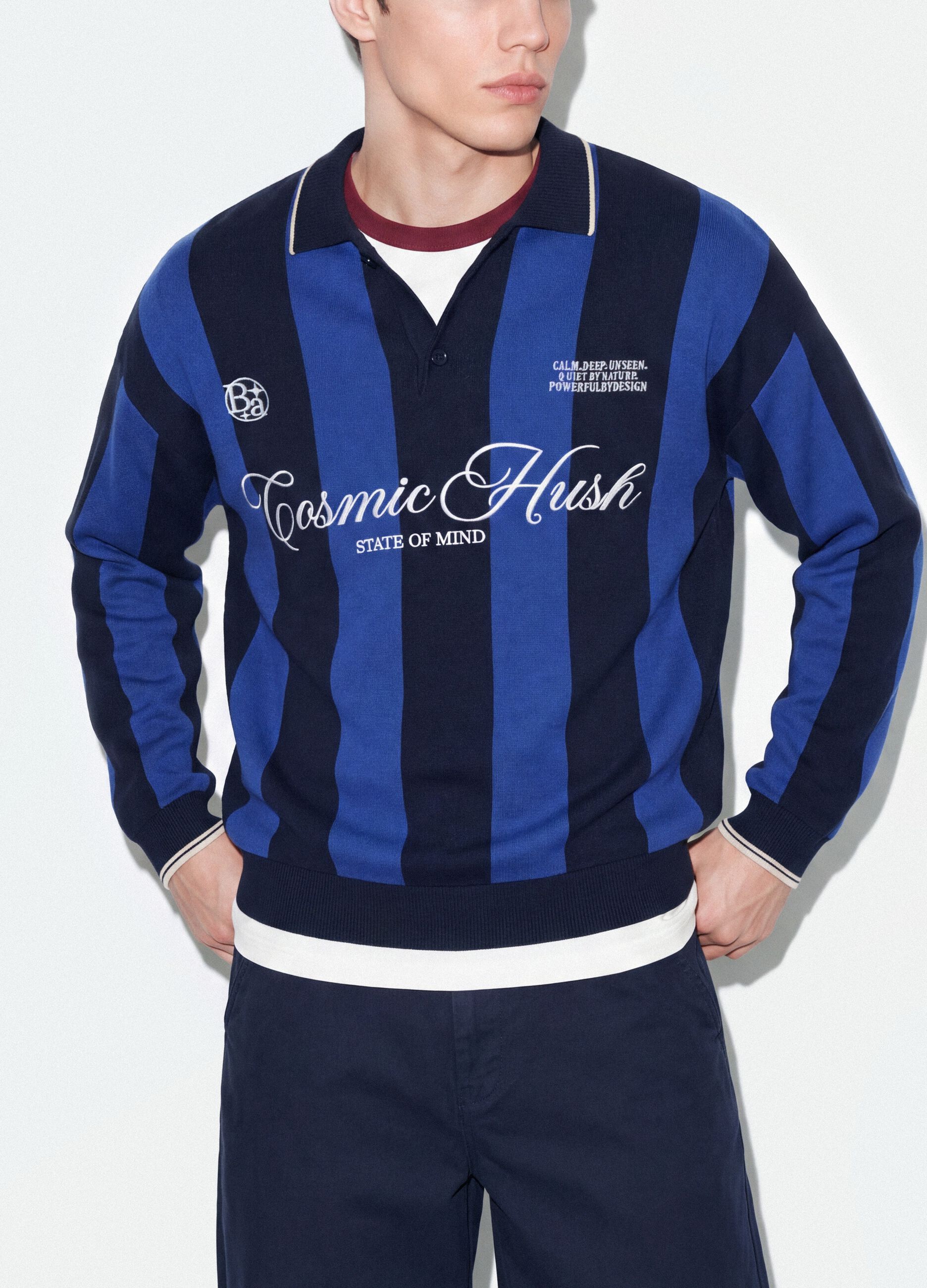 Blue and black pure cotton polo-collar top with oversized fit