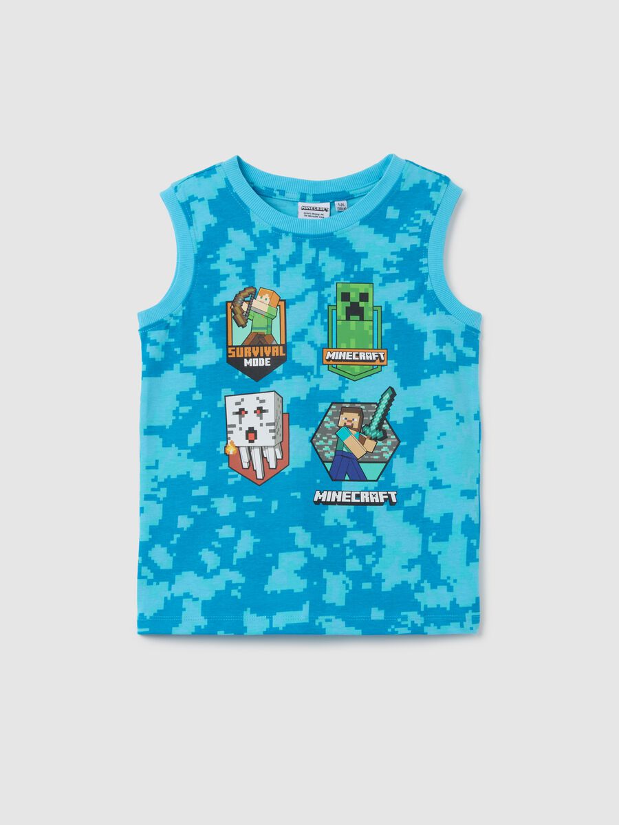 Maglia smanicata da bambino in puro cotone azzurra con stampa Minecraft_0