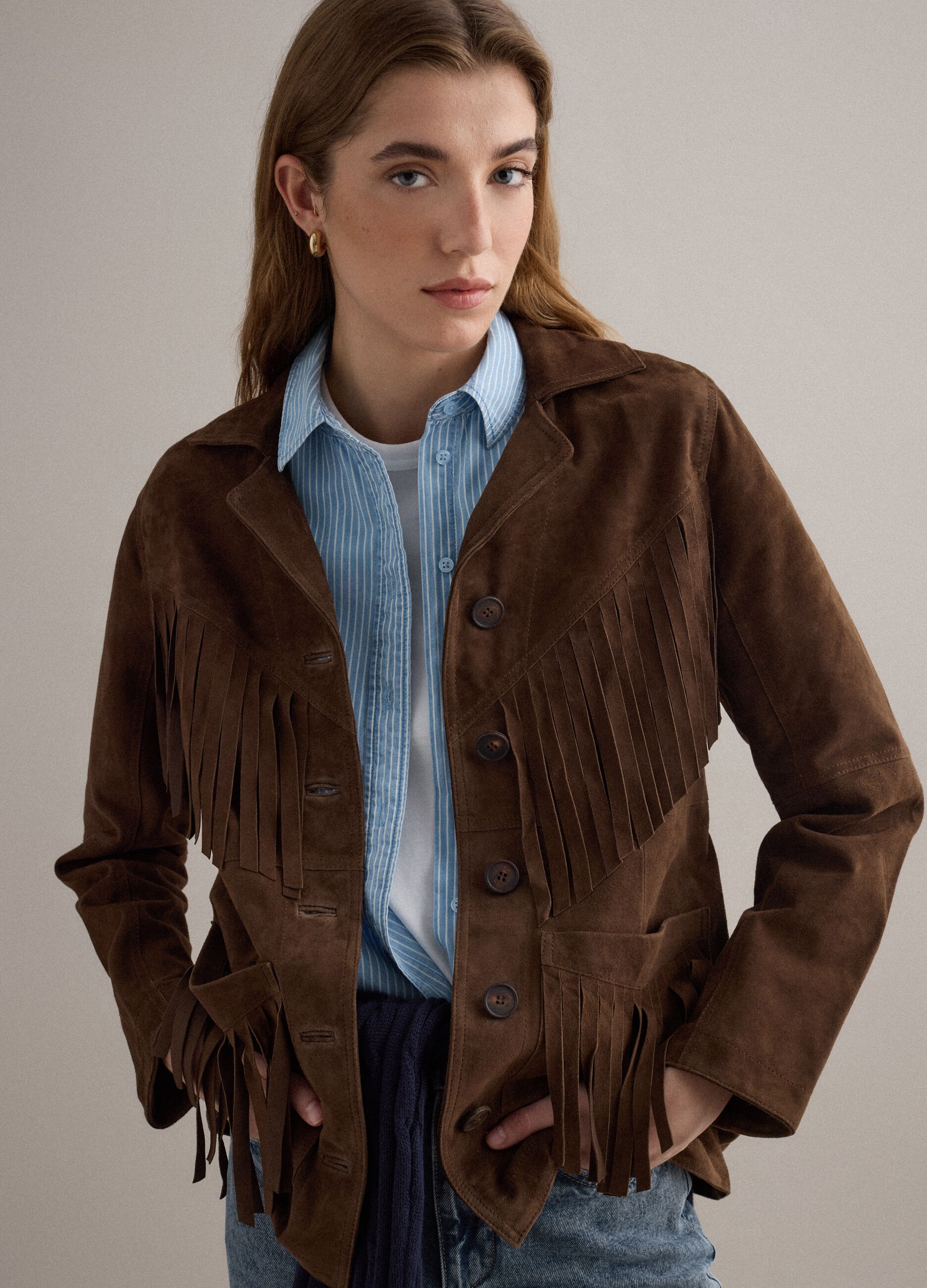 Giacca marrone in vera pelle con frange