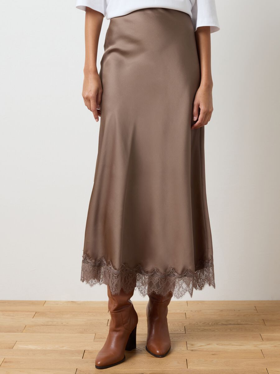 Brown satin skirt with lace and regular fit_1