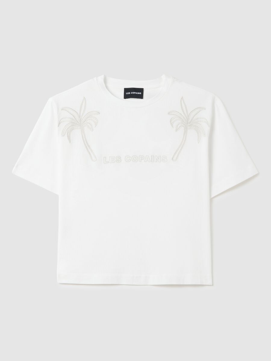 White T-shirt with palm embroidery Les Copains_4