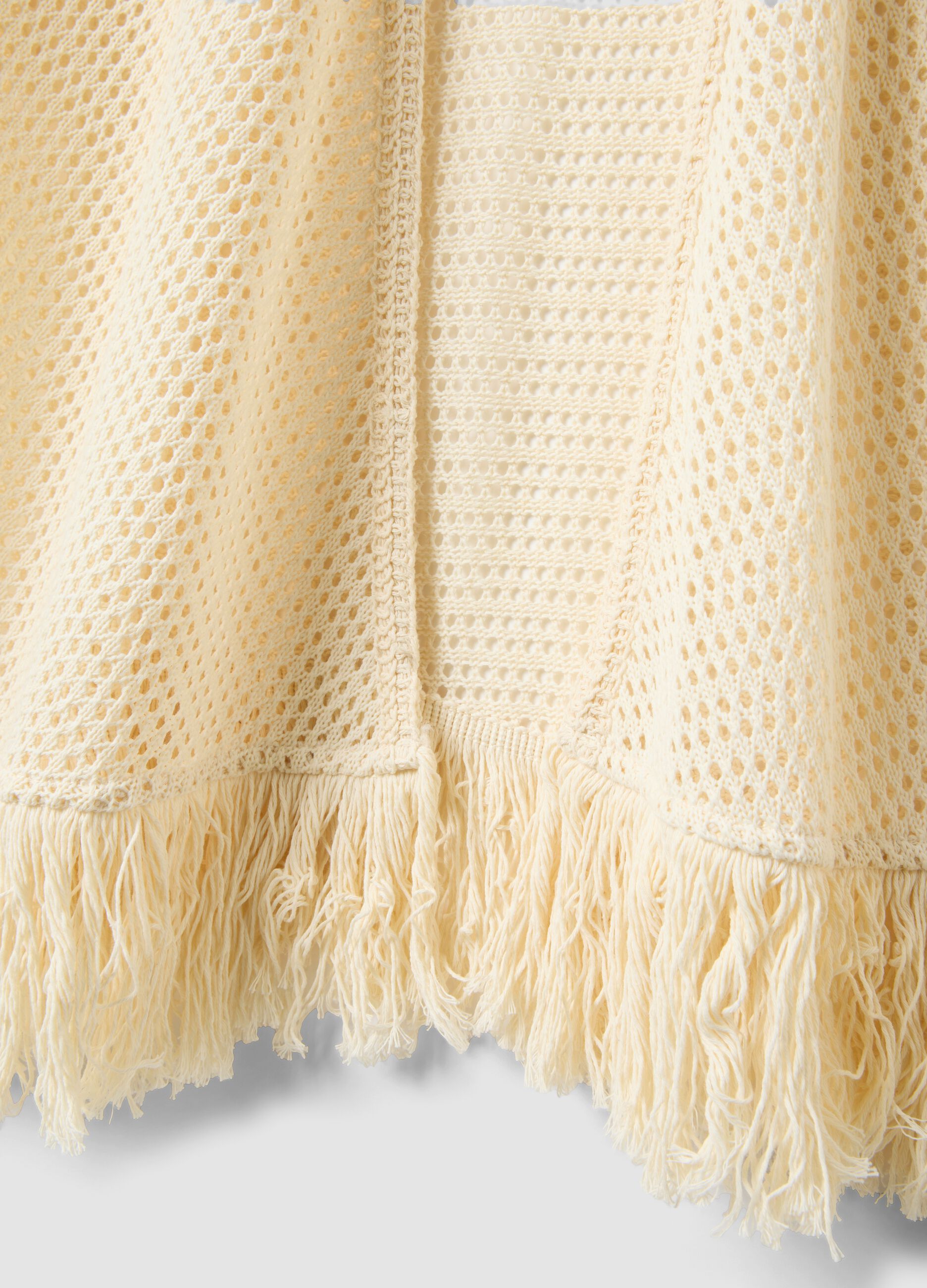 Beige crochet viscose-blend cardigan with fringes