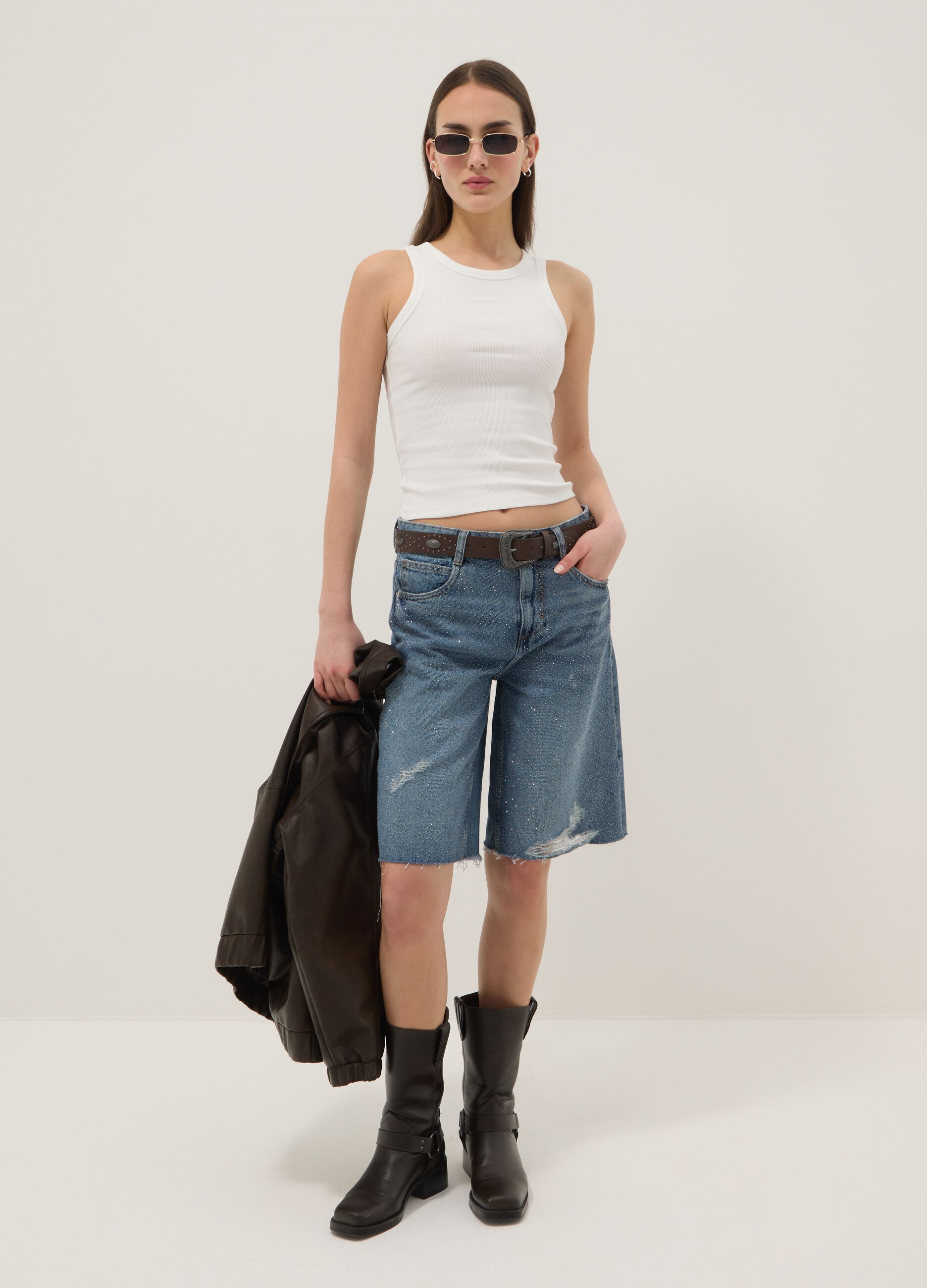 White ribbed fitted stretch-cotton tank top