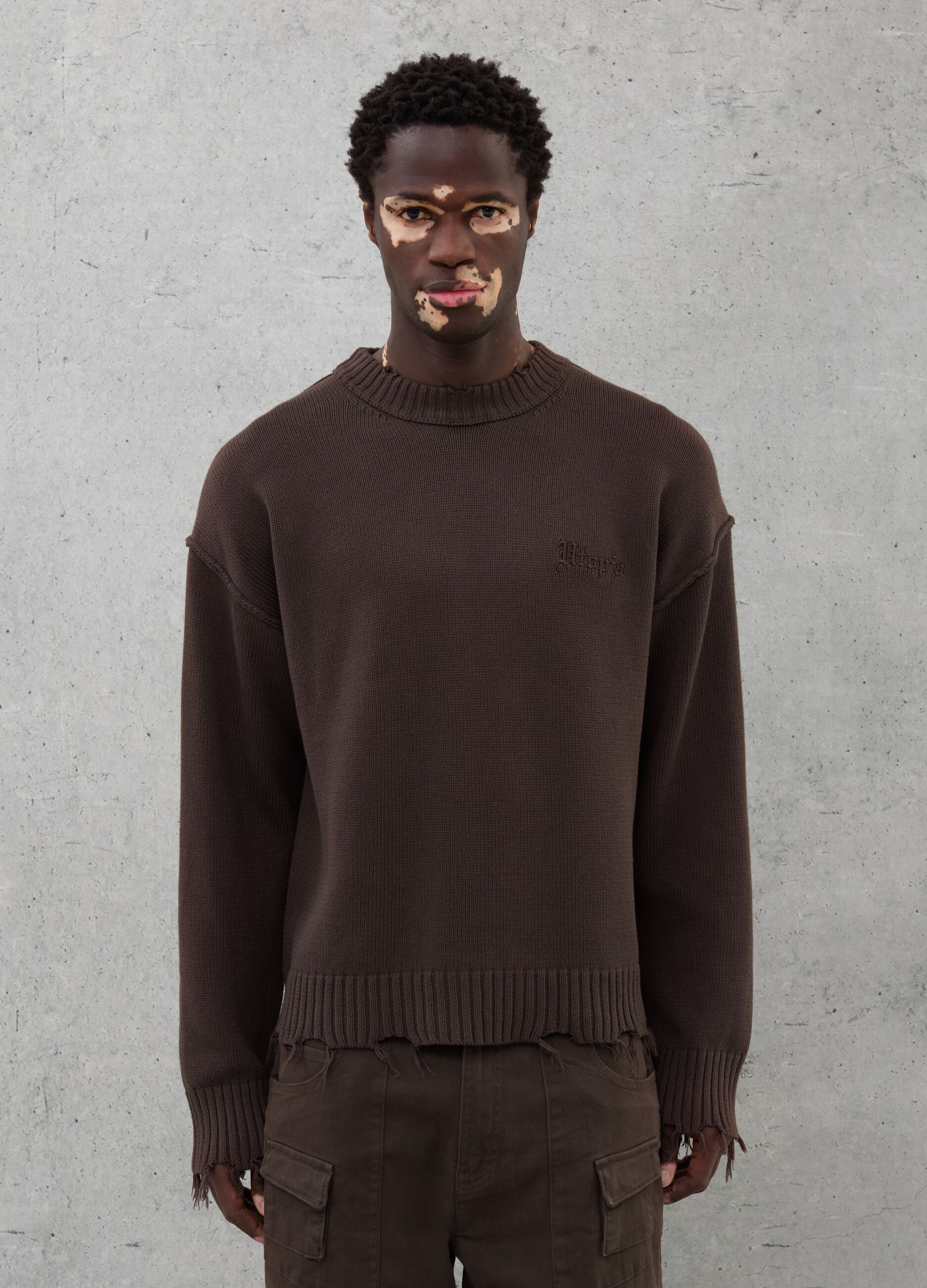 Crewneck Distressed Pullover Chocolate Brown