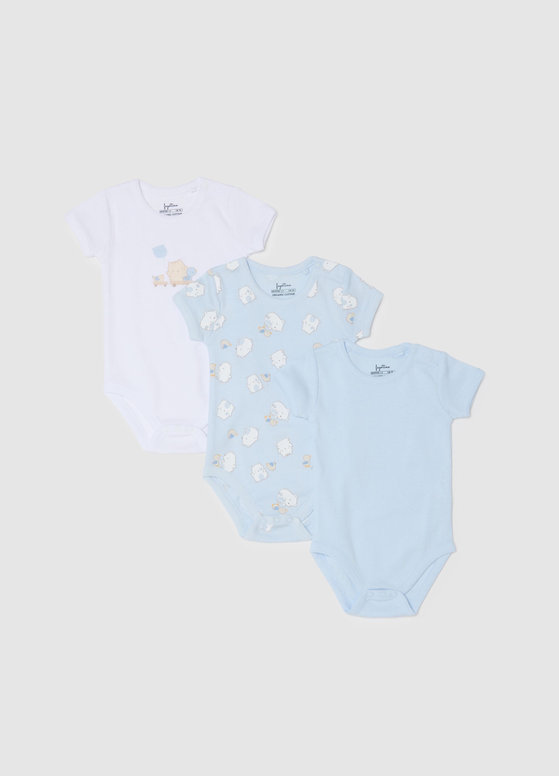 Multicoloured short-sleeve infant bodysuit tripack in pure cotton