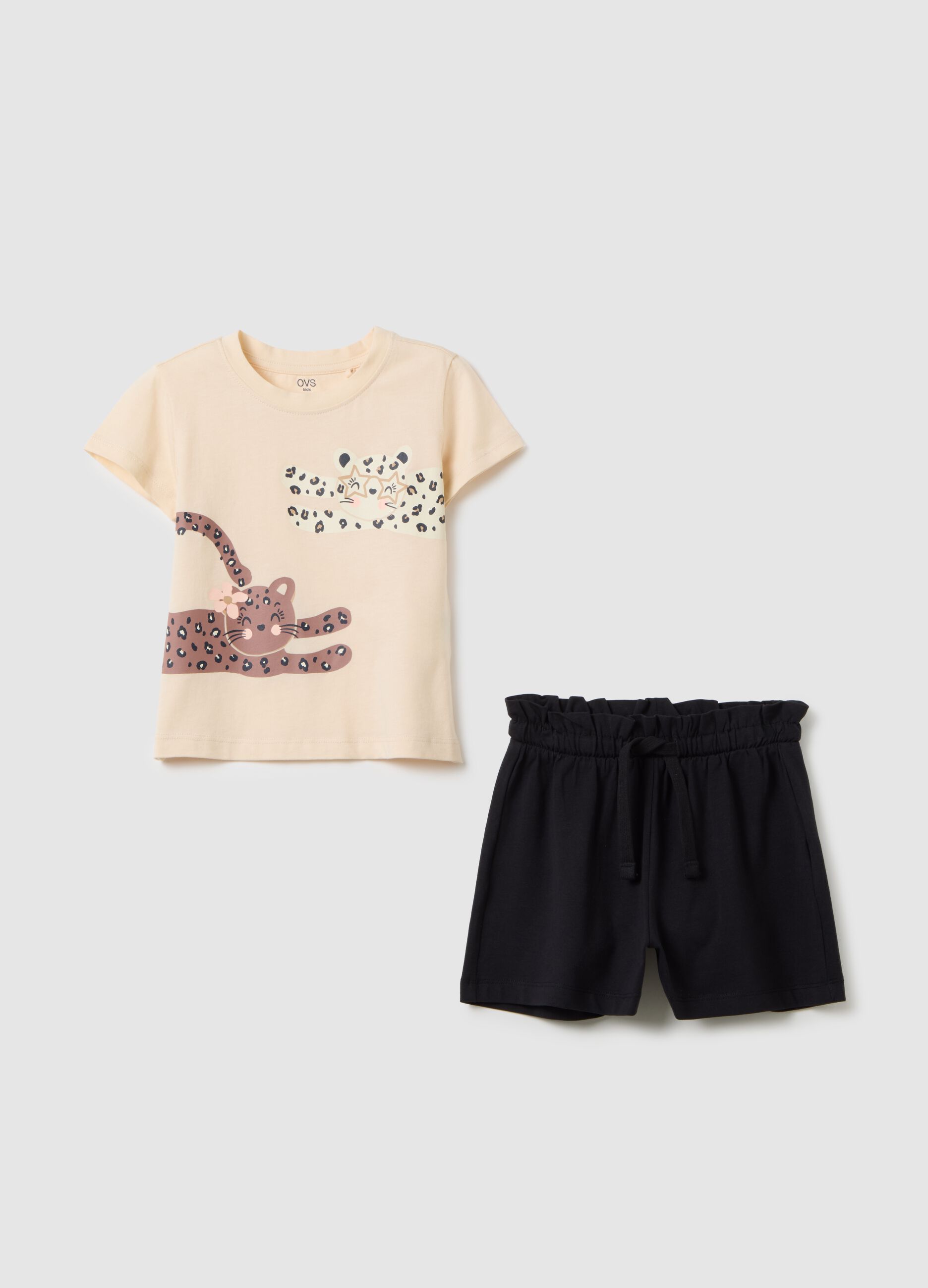Set da bambina in puro cotone beige e shorts neri regular fit