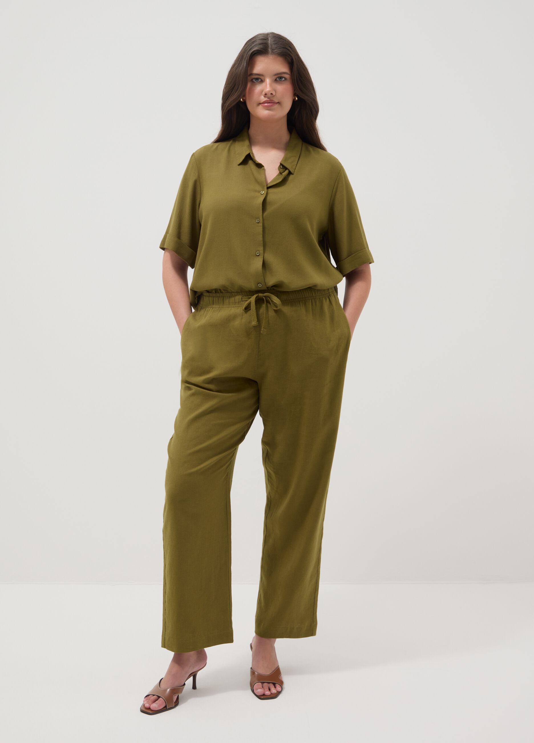 Green viscose-linen blend shirt, regular fit
