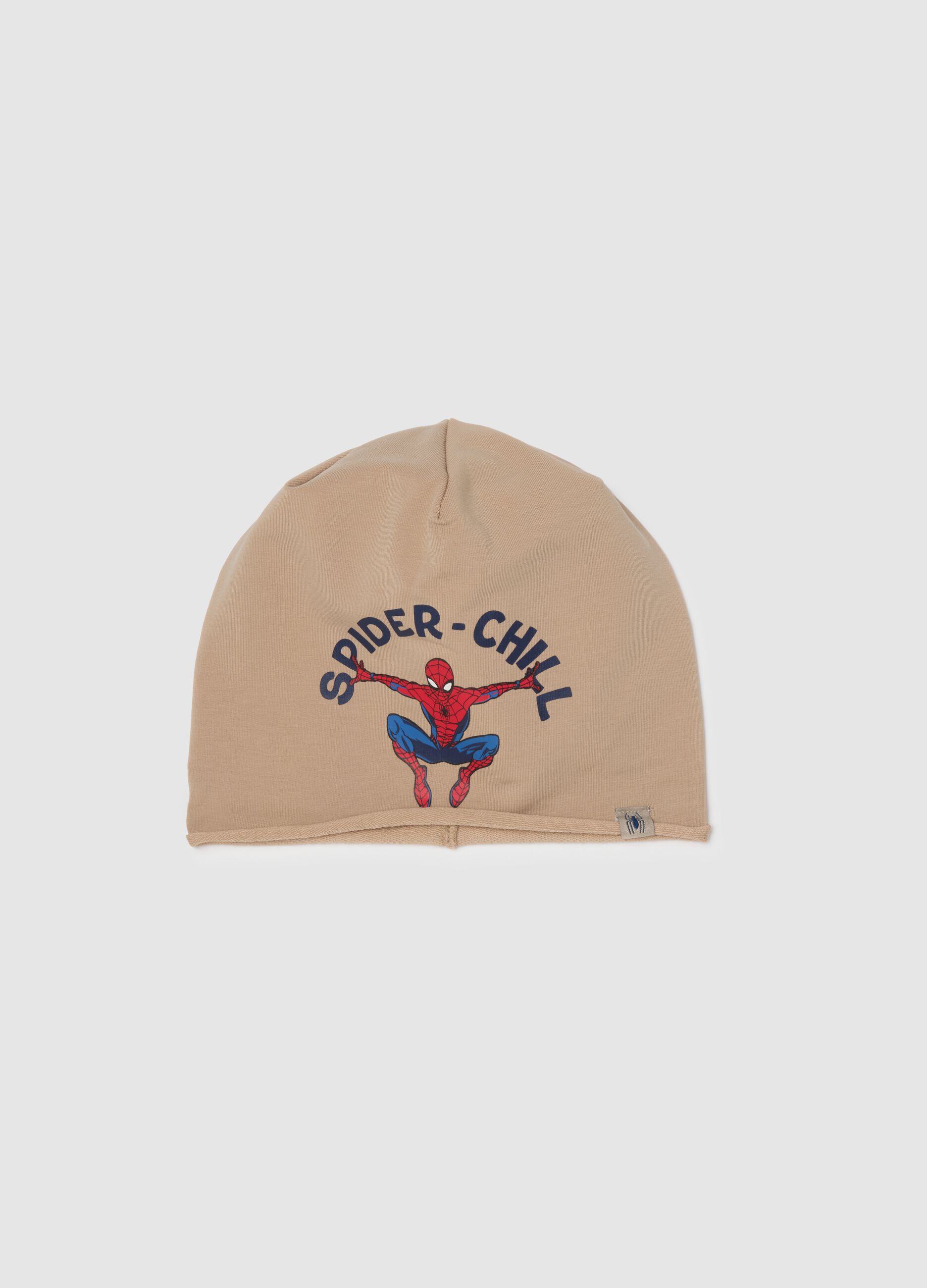 Beige stretch cotton children's cap with Spider-Man print