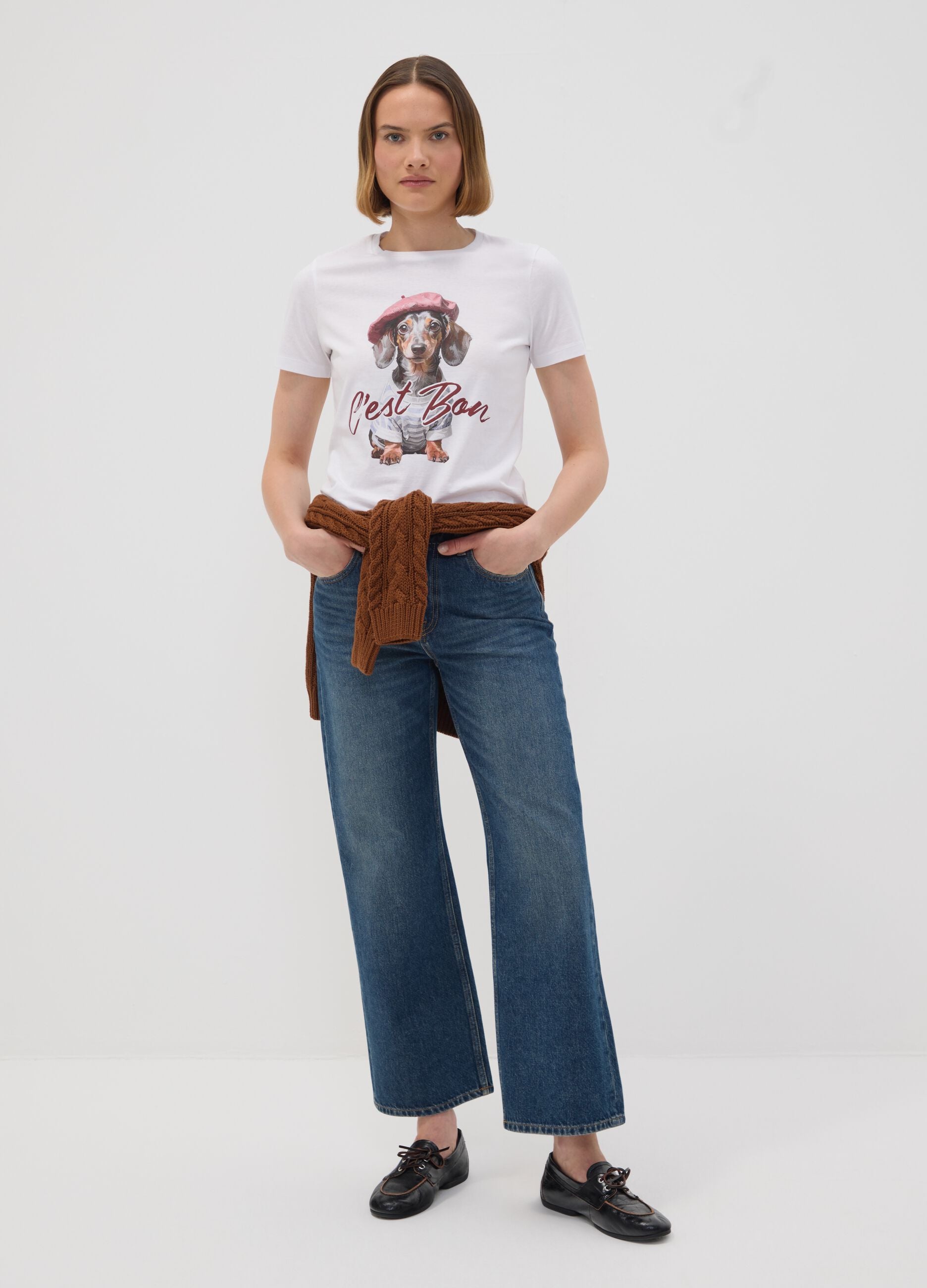 T-shirt bianca in puro cotone jersey e stampa cagnolino regular fit