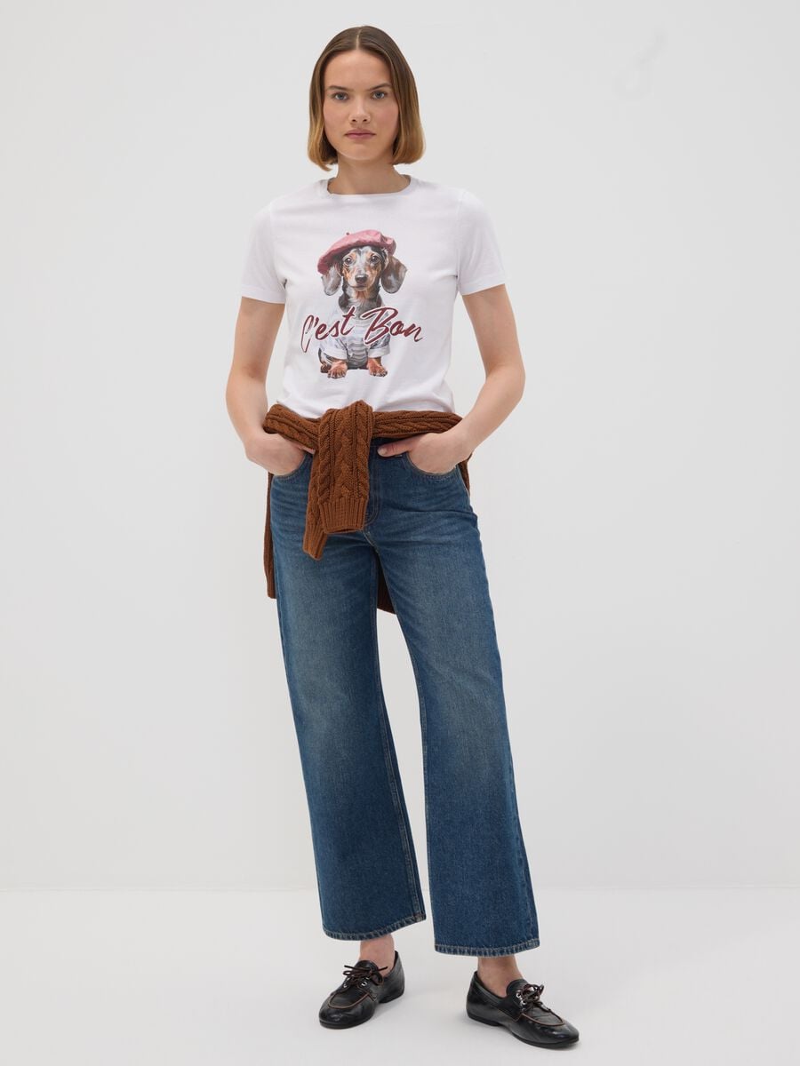 T-shirt bianca in puro cotone jersey e stampa cagnolino regular fit_2