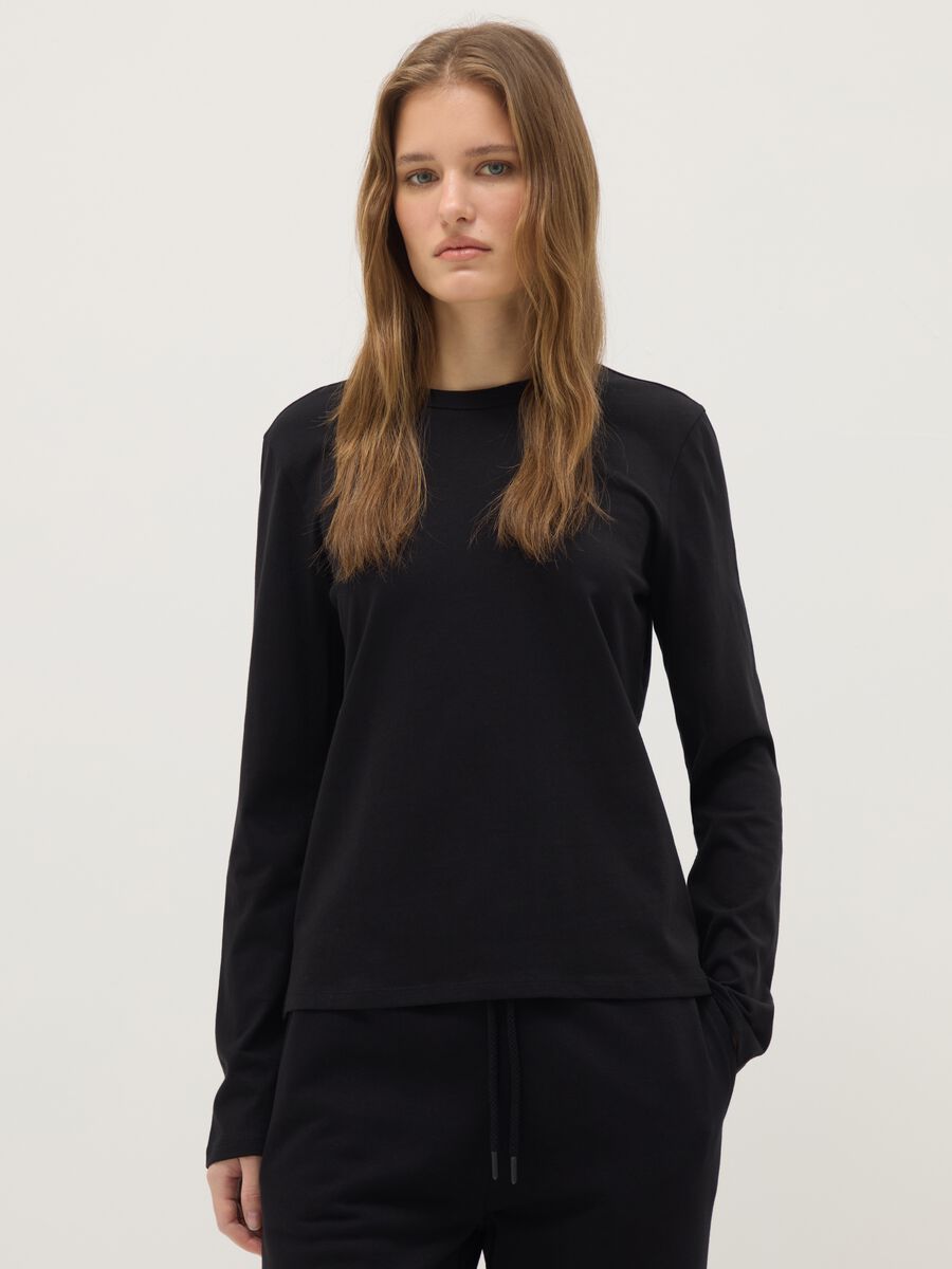 Black long sleeve T-shirt in pure cotton regular fit_0