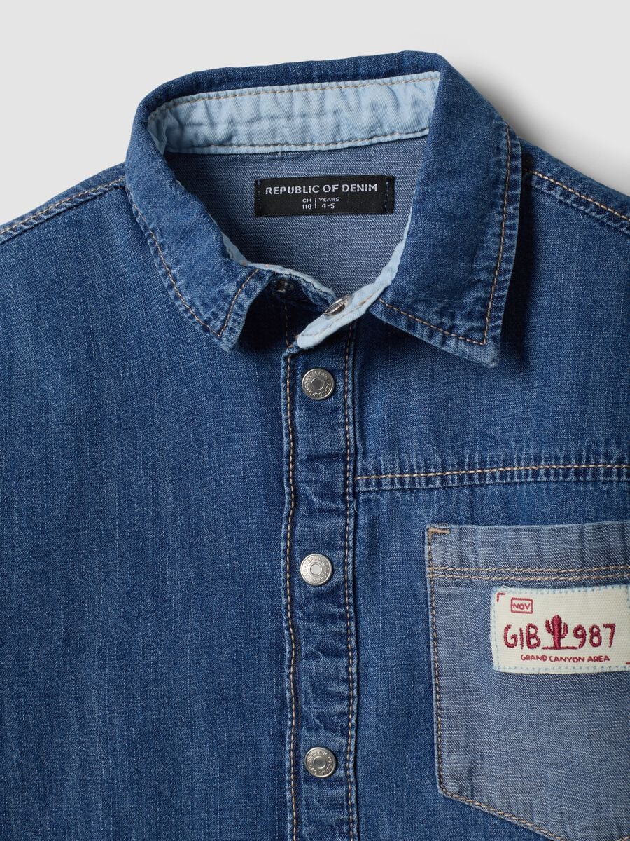 Blue denim short-sleeve pure cotton shirt_2