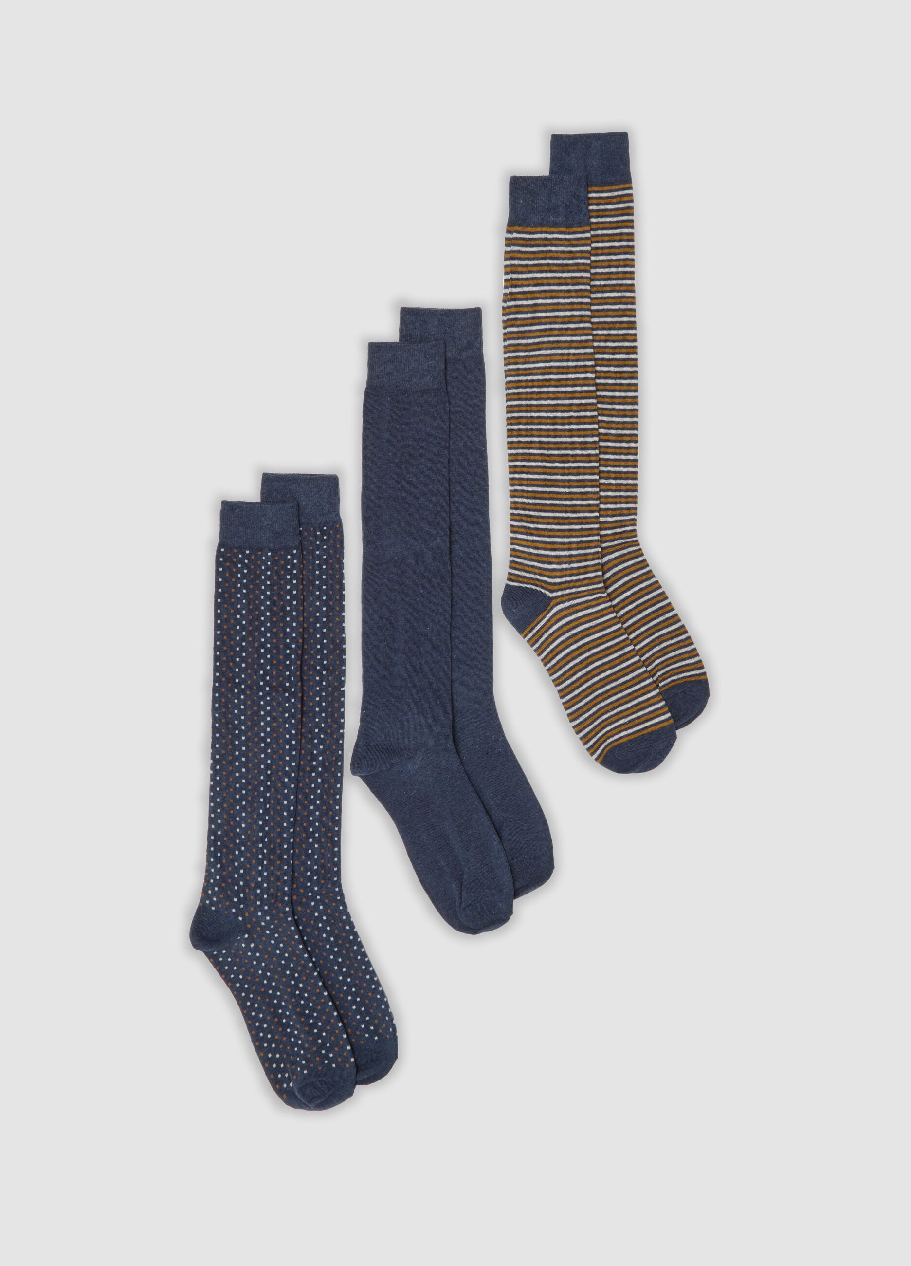 Tripack di calze lunghe blu melange in cotone organico elasticizzato