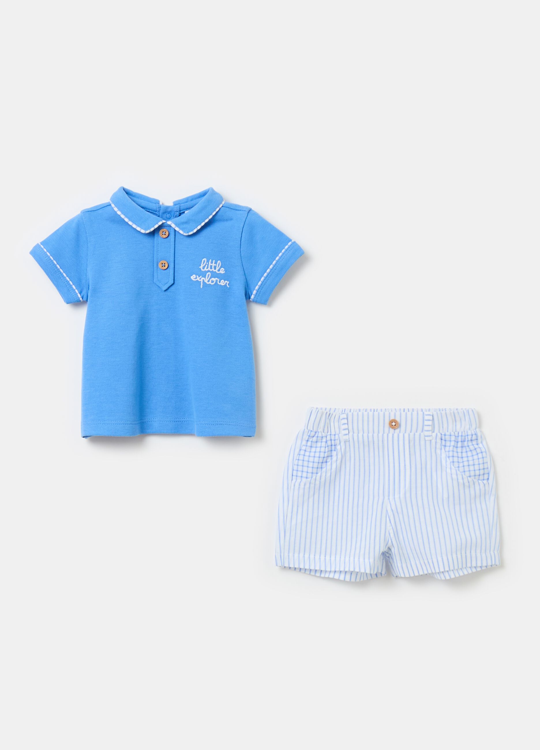Polo shirt with embroidery and striped Bermuda shorts set