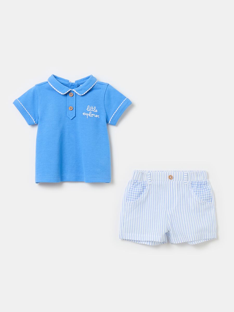 Polo shirt with embroidery and striped Bermuda shorts set_0
