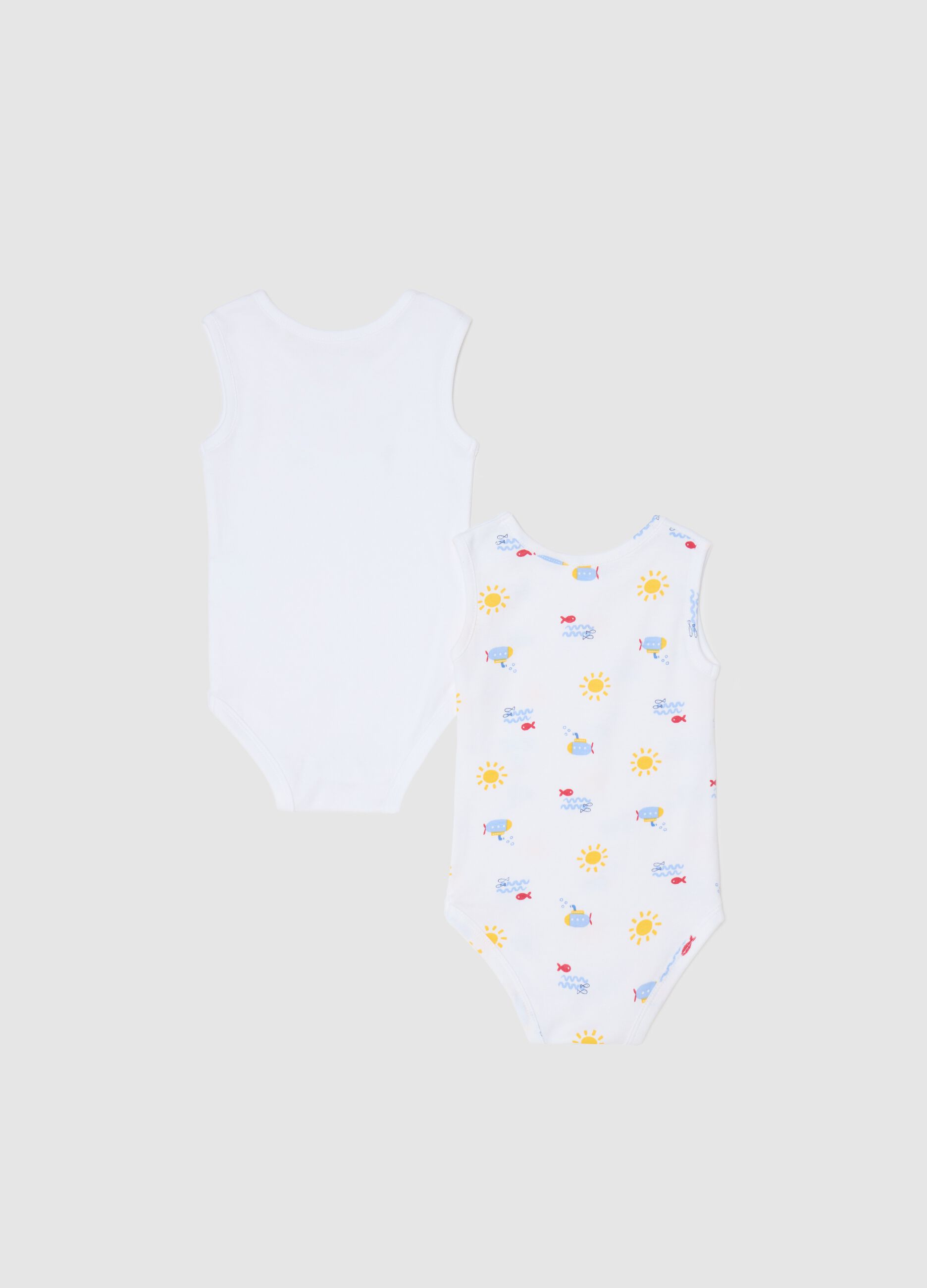 Two-pack white sleeveless bodysuits in organic cotton with print